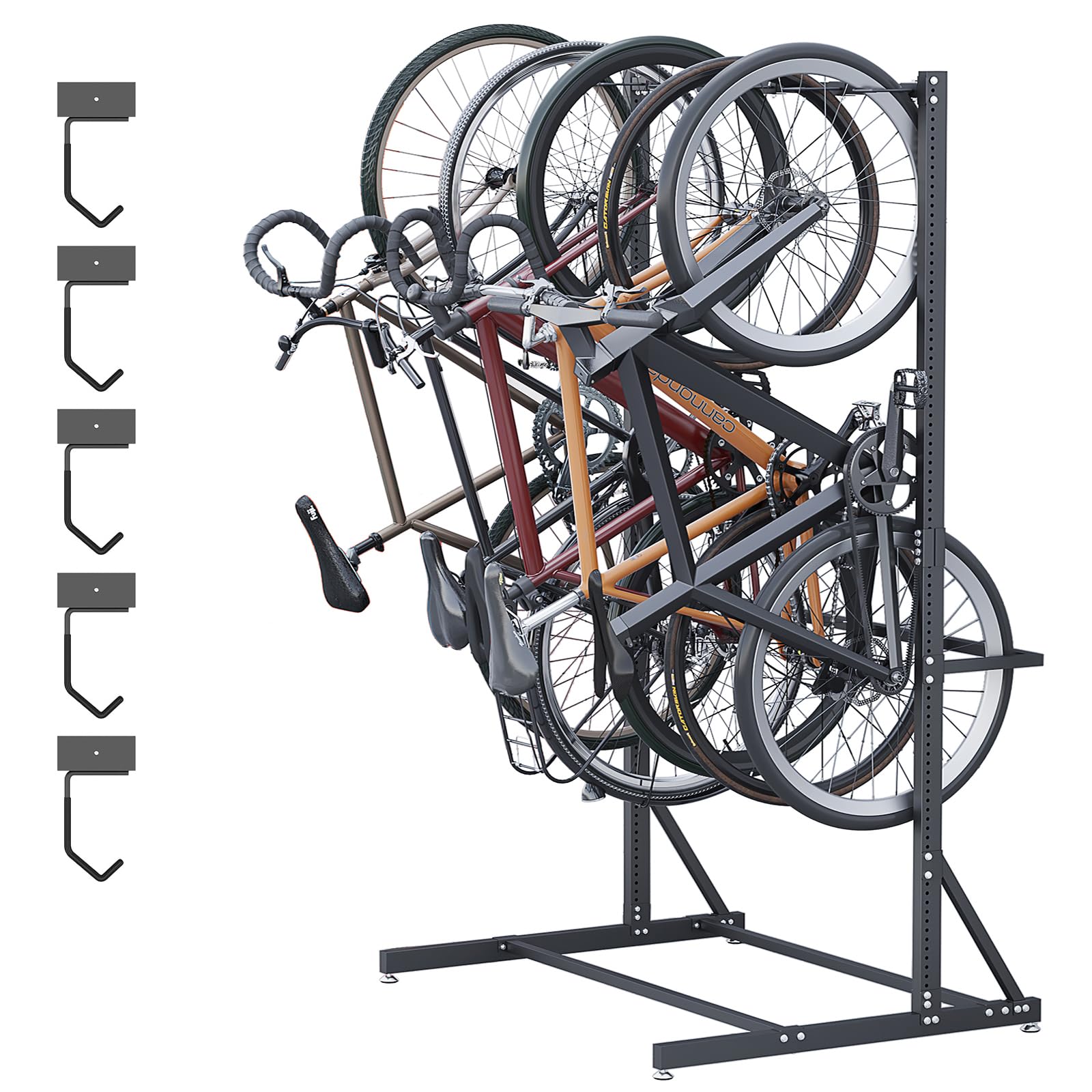 LIROPAU Freestanding Bike Stroage Rack for Max 5 Bikes, Vertical Bike Hanger Holds for Road Bikes or Mountain, Space Saving, Thick Metal Black Floor Mount for Indoor & Garage