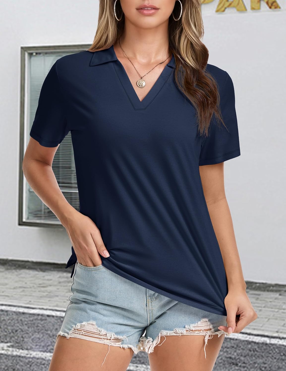 MAGCOMSEN Women's Polo Shirts V-Neck Short Sleeve UPF 50+ Sun Protection Collared Golf Shirt Work Summer Tops - Image 3