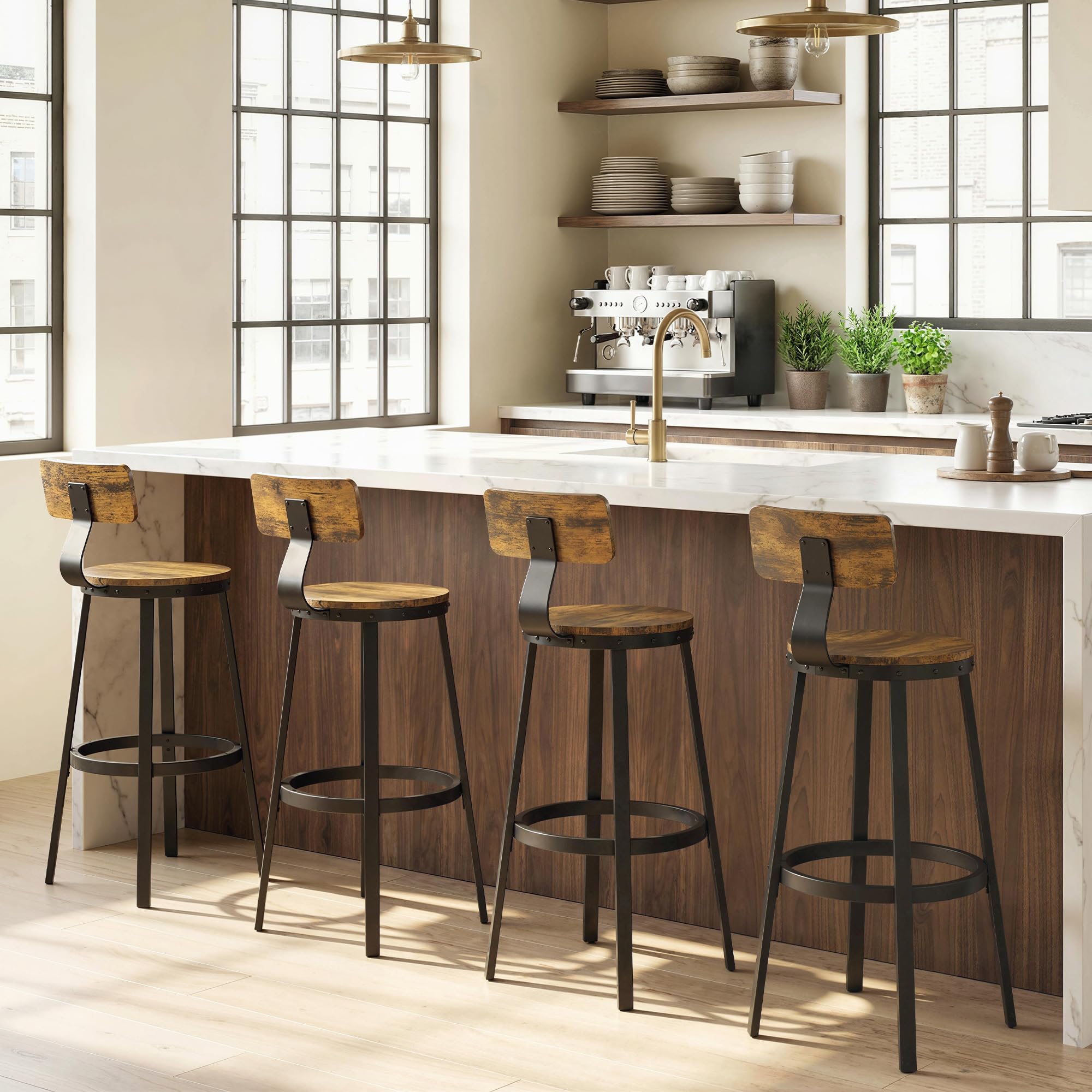 HOMCOM Set 2 Sgabelli Bar Cucina, Schienale, 73.8cm, Marrone Rustico | Industriali, Poggiapiedi, Struttura in Metallo, Sedie Alte, per Penisola, Sala da Pranzo, Bancone