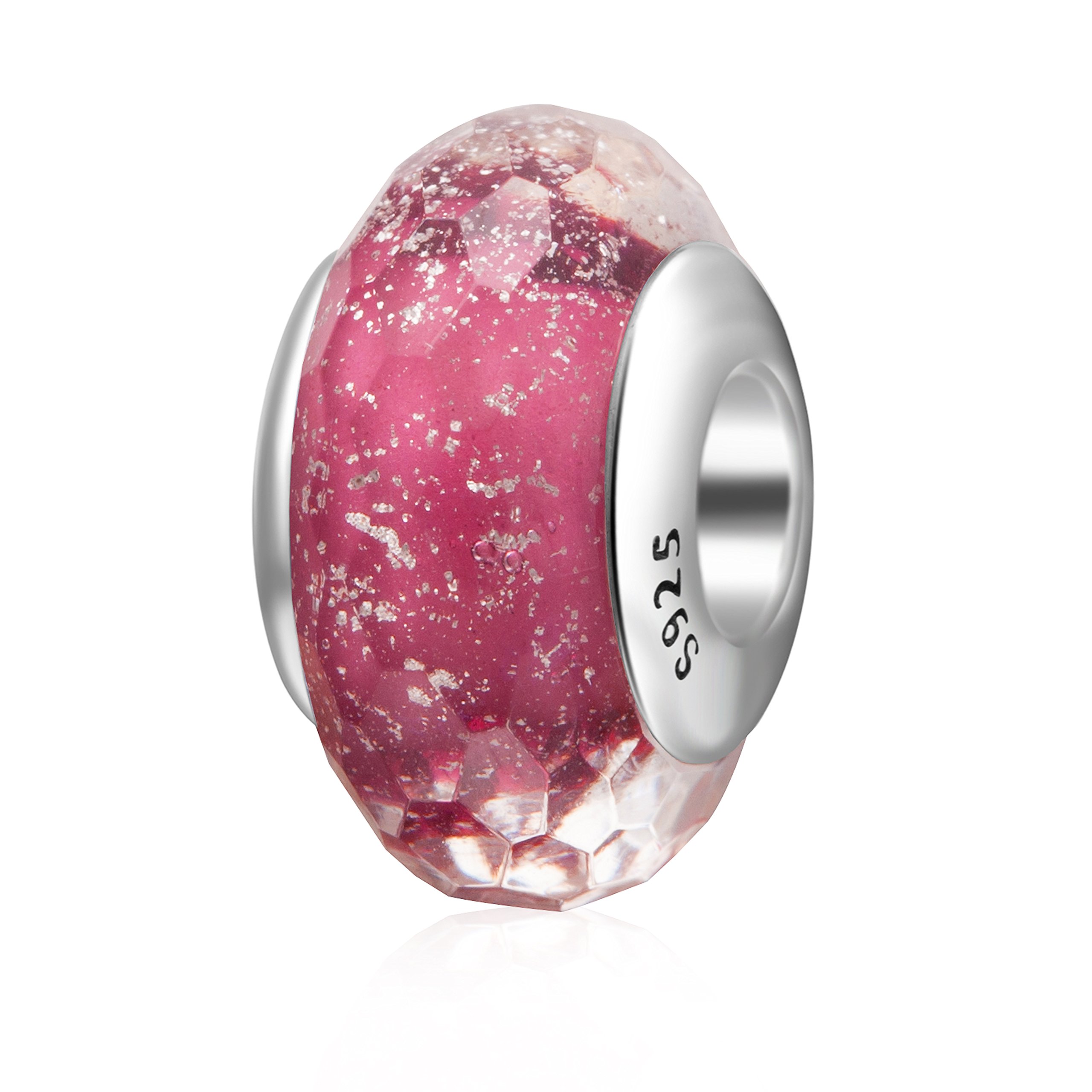 Hoobeads Abalorio de cristal de Murano transparente con núcleo de plata 925 facetado fascinante para pulsera europea (rosa rosa)