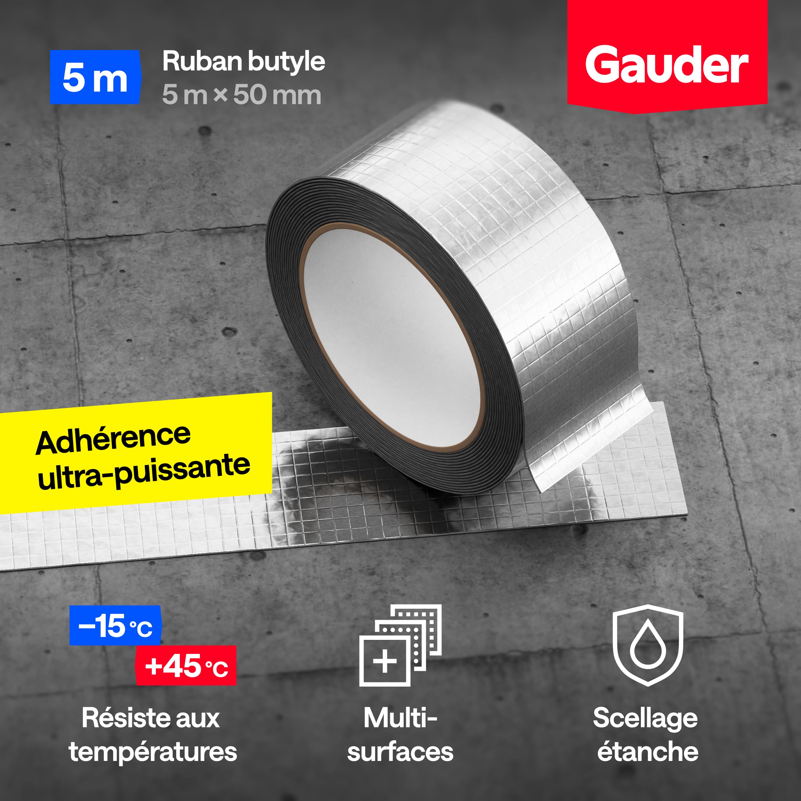 GAUDER Bande Butyle étanche adhésive 50 mm x 5 m pour toit, gouttière et camping-car