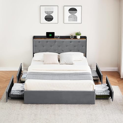Queen Size Platform Bed Frame with Storage - 4 Drawers & Charging Station, Velvet Upholstered Headboard with Shelf, Sturdy Metal Frame, No Box Spring Needed, Luxury Bedroom Furniture for Modern Homes