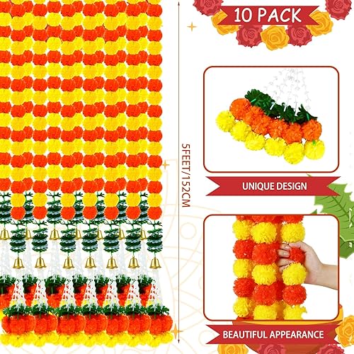 Miniatura 2 de Paquete de 10 guirnaldas de caléndula de 5 pies de largo, flores de caléndula sintética, decoraciones de boda india, guirnalda de flores para Pooja
