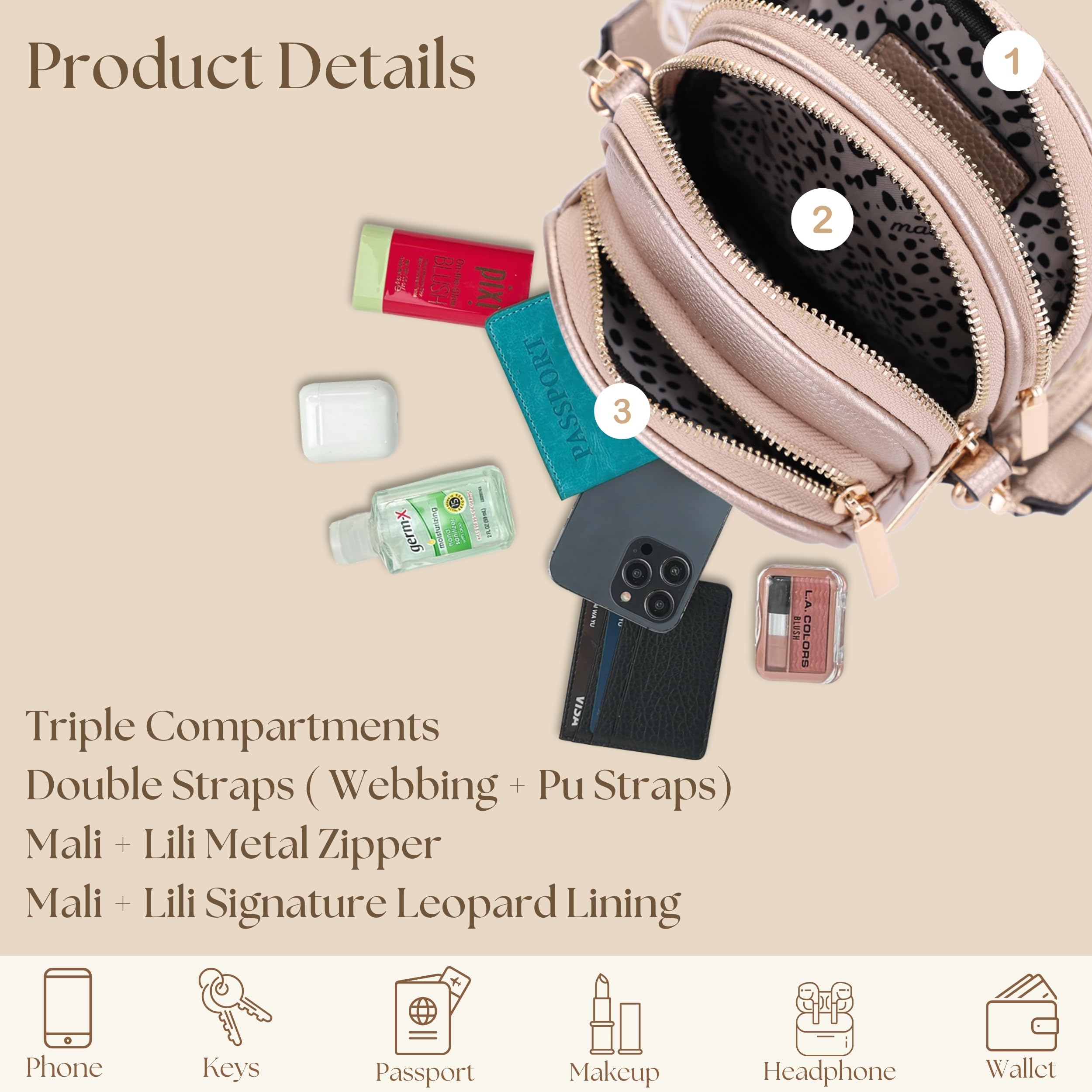 Mali+Lili Small Crossbody Bag for Women, Triple Compartment Shoulder Bag with Double Strap