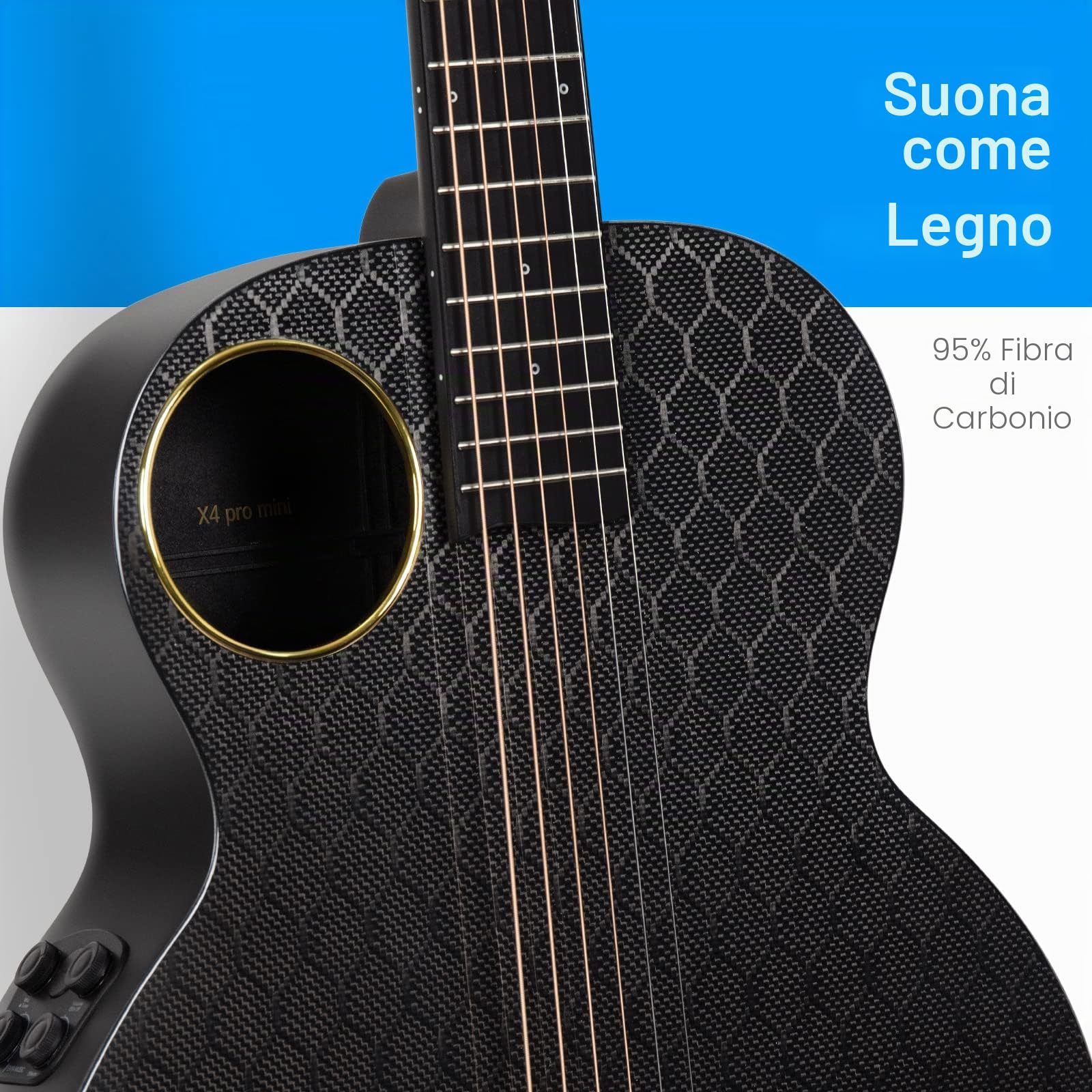 Enya Chitarre Elettro Acustiche 3/4 X4 Pro Mini 36'' Cutaway Fibra di Carbonio Kit Avvio con Microfoni Smart AccousticPlus Basso
