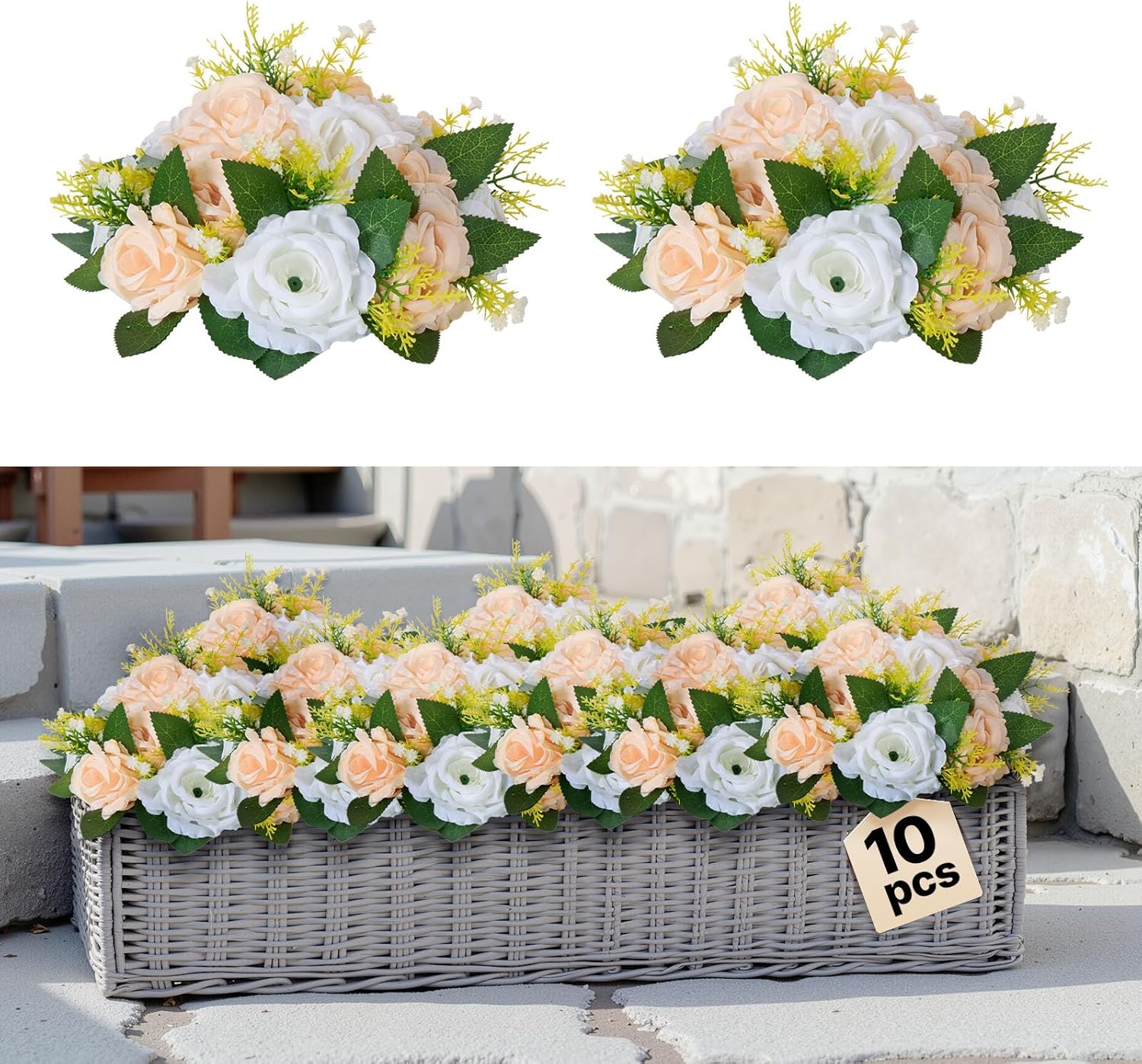 VEVOR Flower Ball Arrangement Bouquet 10 PCS, 9.5-Inch Diameter Artificial Flower Balls Wedding Table Centerpieces, Rose Arrangements for Wedding Centerpiece Home Decoration, Champagne & White Roses