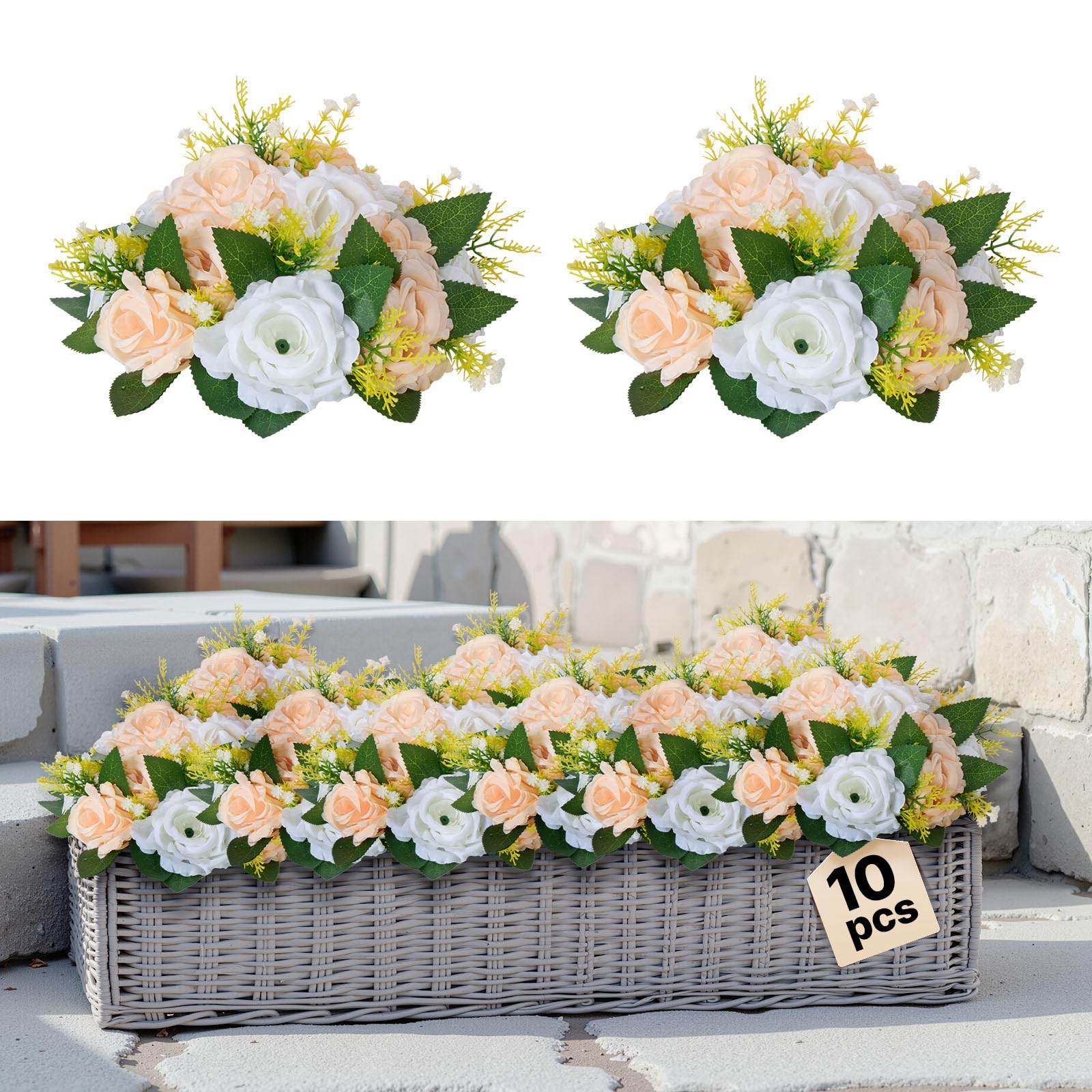 VEVOR Flower Ball Arrangement Bouquet 10 PCS, 9.5-Inch Diameter Artificial Flower Balls Wedding Table Centerpieces, Rose Arrangements for Wedding Centerpiece Home Decoration, Champagne & White Roses