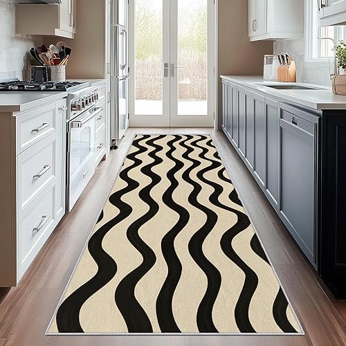 Miniatura 13 de Alfombra retro de los años 70 de 3 x 8 pulgadas, alfombra de pasillo vintage geométrica negra, blanca y naranja, antideslizante, lavable, alfombra