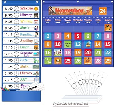 AKAYOK 13+1 Daily Schedule Pocket Chart & Classroom Calendar- Ideal for Homeschool, Classroom & Office, Durable Nylon Wall Hanging Pocket Chart