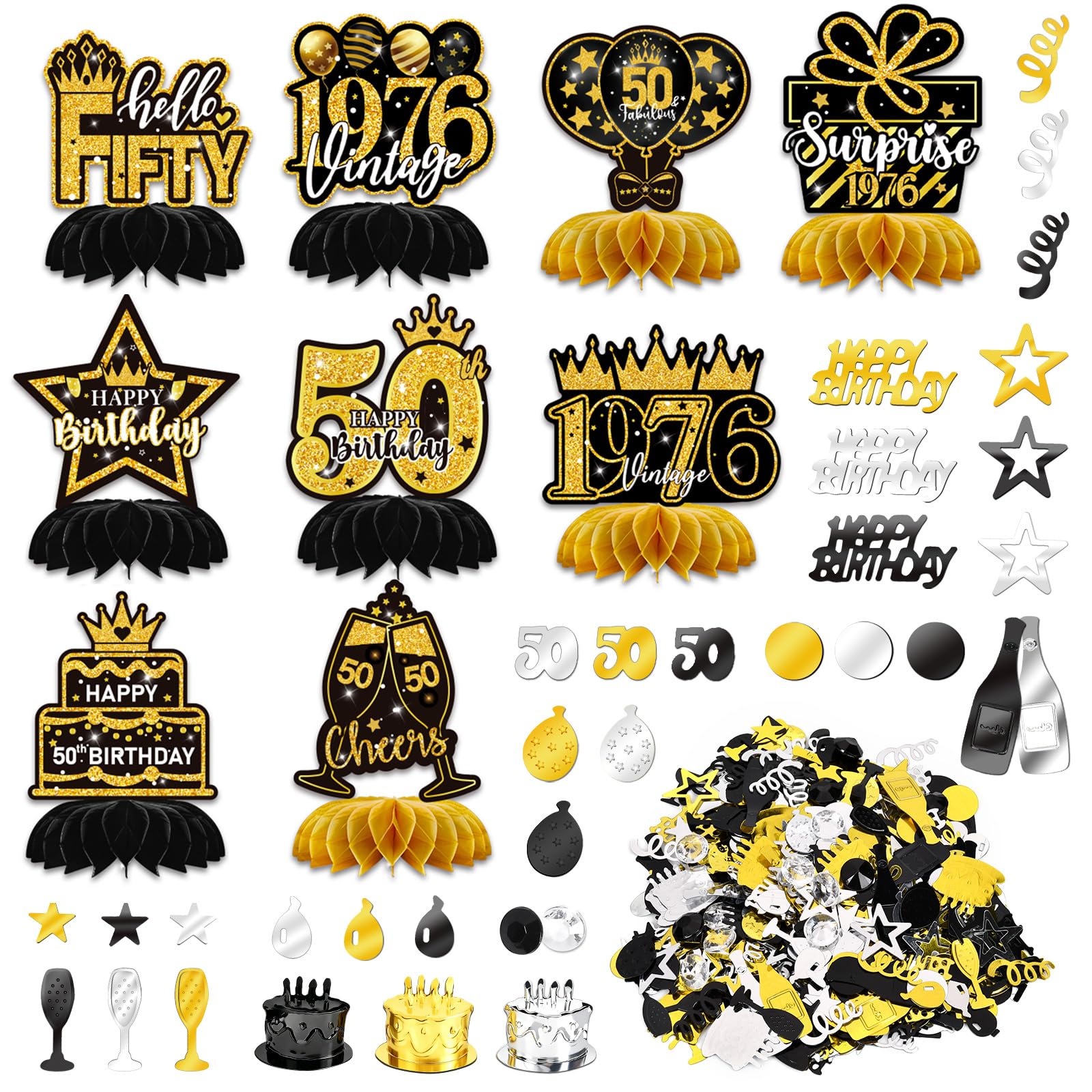 50th Birthday Table Decorations Set of 10 with Confetti - Black and Gold 50th Table Centerpieces, 50th Birthday Party Supplies for Men Women, 50 Years Old Table Decor Kit