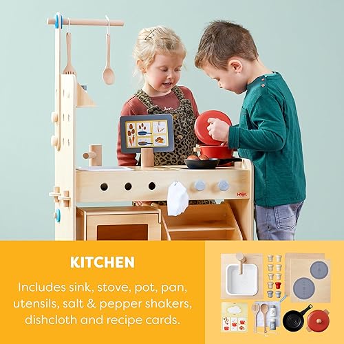 Miniatura 3 de HABA Creative Play 3 en 1 juego de cocina de madera para niños, juego de tienda de comestibles para niños y banco de herramientas para niños,