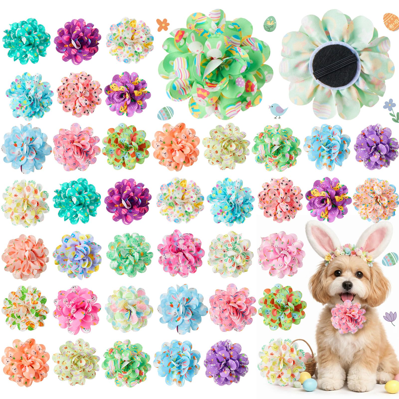 Huhumy 50 Pcs Easter Dog Collar Flowers Bulk Rabbits Chicks Eggs Carrots Flowers for Dog Charms Grooming Accessories Bowtie Flower for Puppy Cat Collar Attachment Embellishment Easter Party Costume