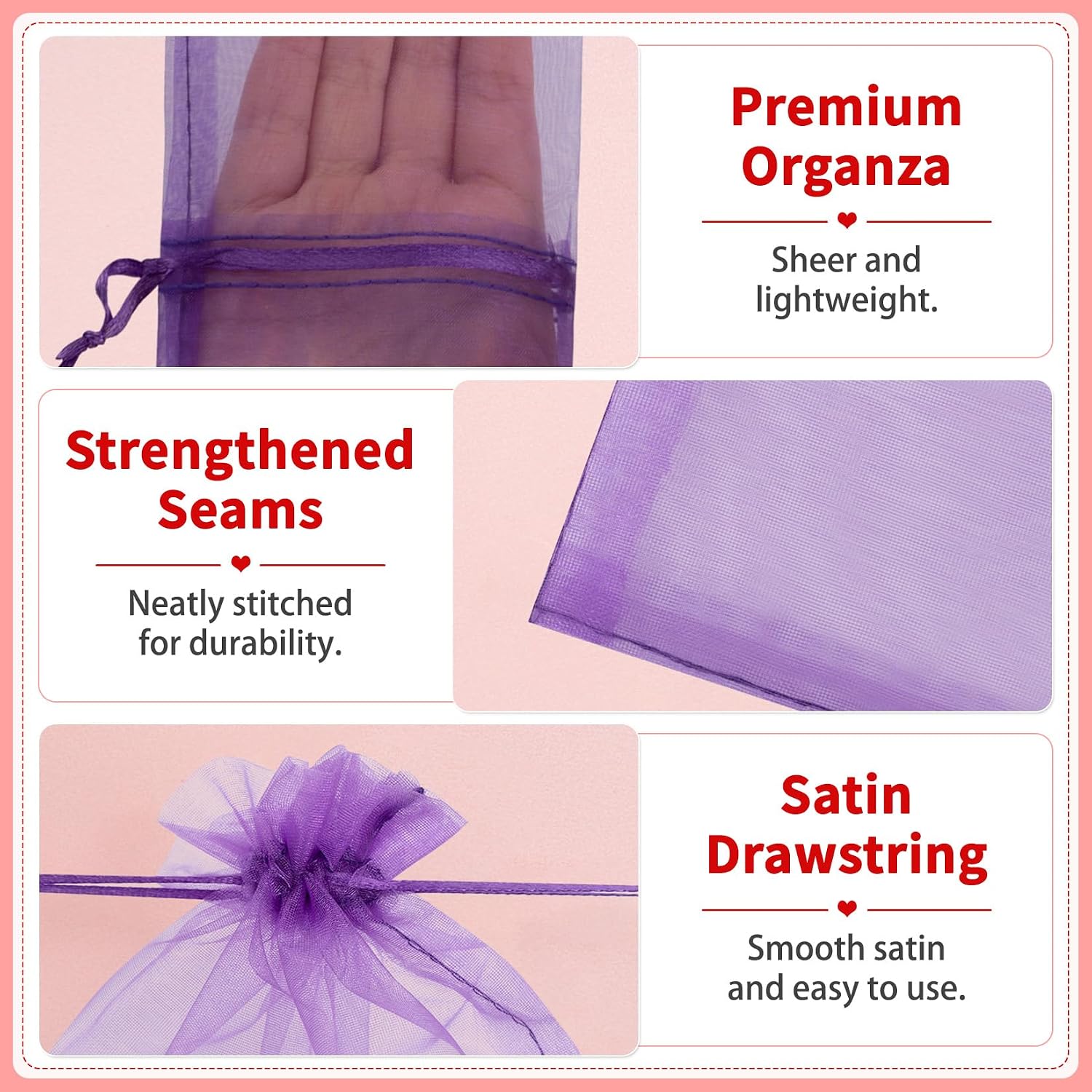 Crweety 100PCS Large Organza Bags 6x9'', Purple Small Gift Bags Drawstring image 5