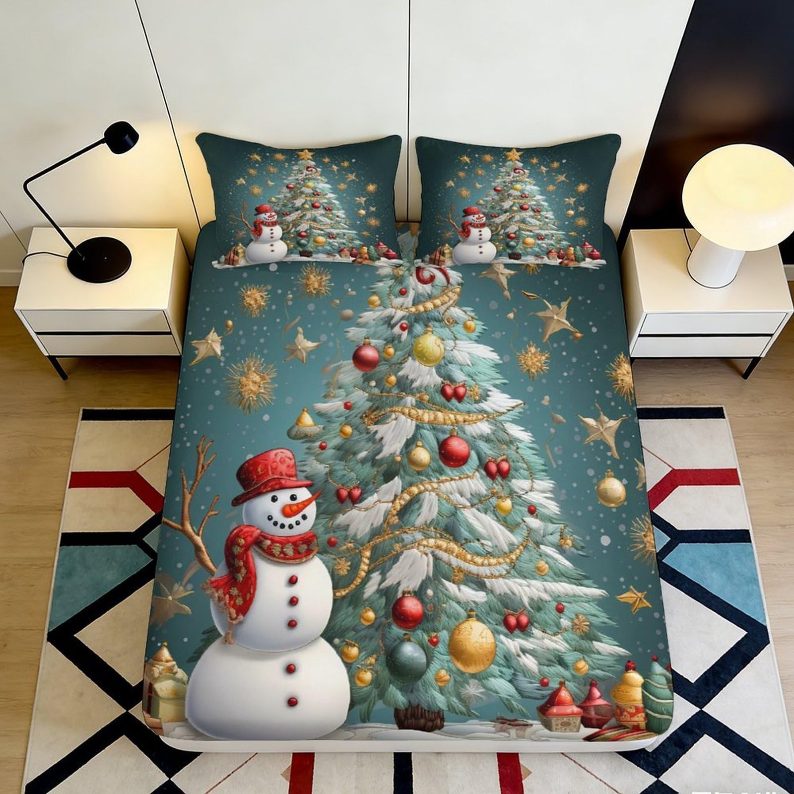 3D Printed Christmas Snow Scene Fitted Sheet Microfiber Deep Pocket Bedroom Set Xmas Tree Mattress Fitted Cover Non-Slip 180x200x25cm