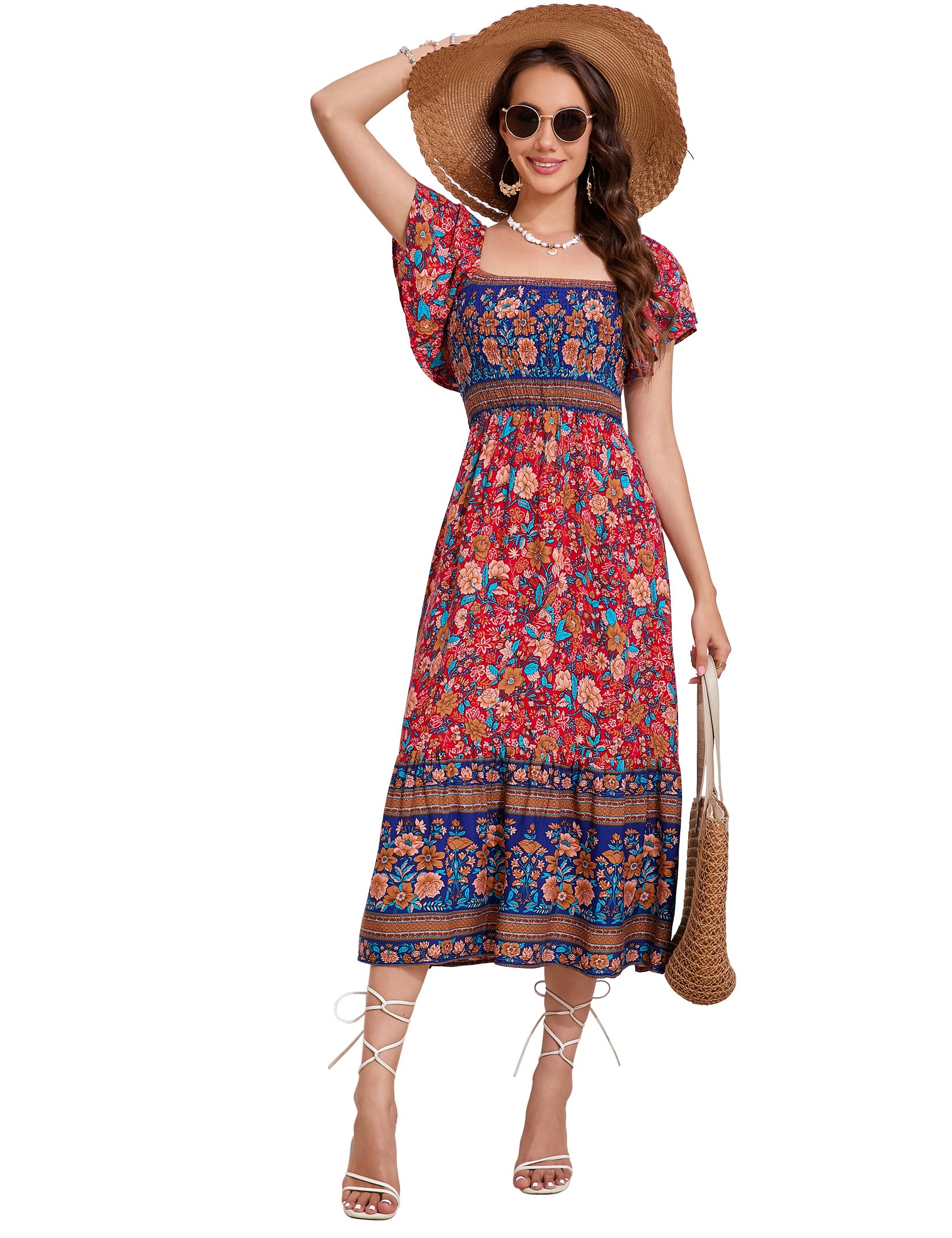 KOJOOIN Robe d'été bohème à manches courtes pour femme - Robe longue smockée - Robe de plage longue - Robe florale à volants - Robe de loisirs (emballage réutilisable)