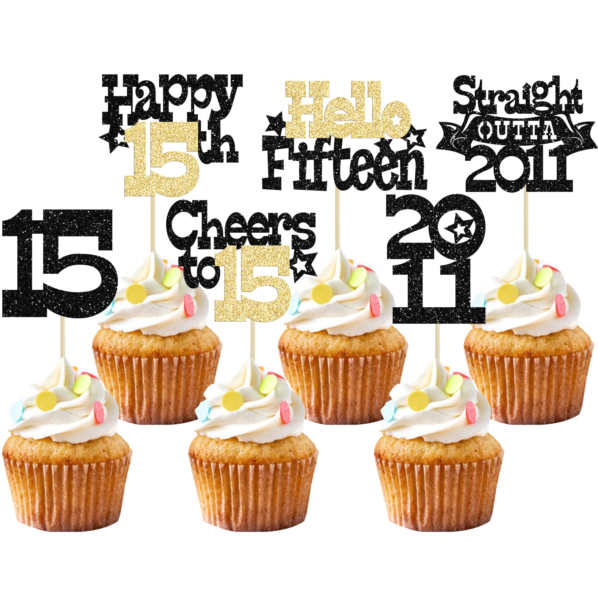 Ephlyn 30Pcs Straight Outta 2011 Cupcake Toppers Glitter Fifteen Happy 15th Birthday Cupcake Picks Cheers to 15 Years Cake Decorations for 15th Birthday Anniversary Party Supplies Black Gold