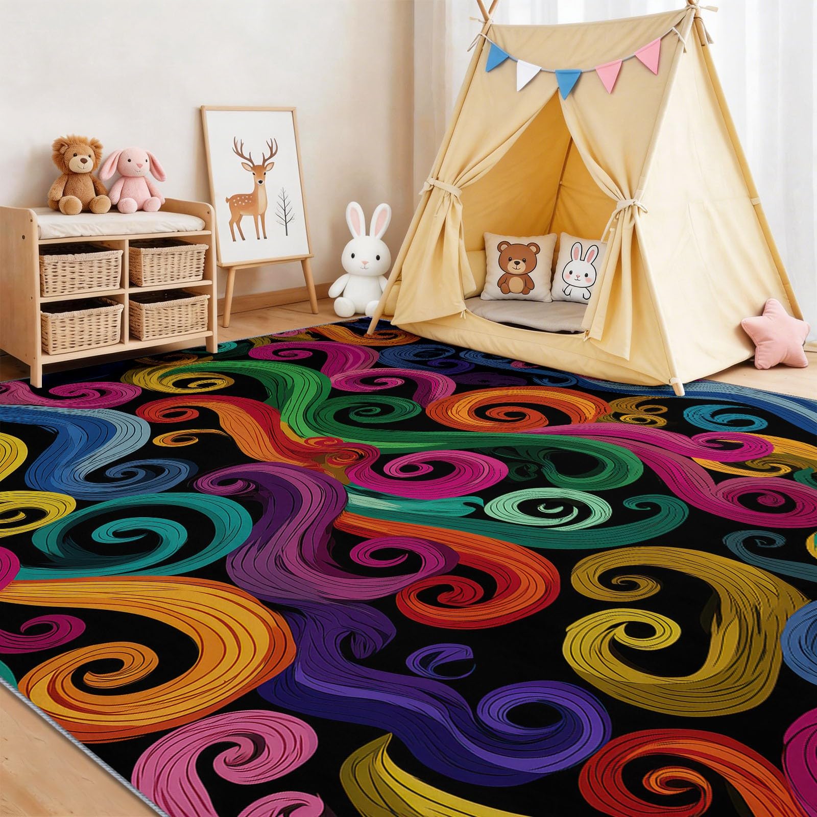 160 x 230 cm Tapis à Poils Courts lavables, Couleur Fantaisie Néon Carpet Motif, Effet 3D Vagues Tourbillons Arcs-en, pour décoration la Chambre Manger à Coucher de Salon