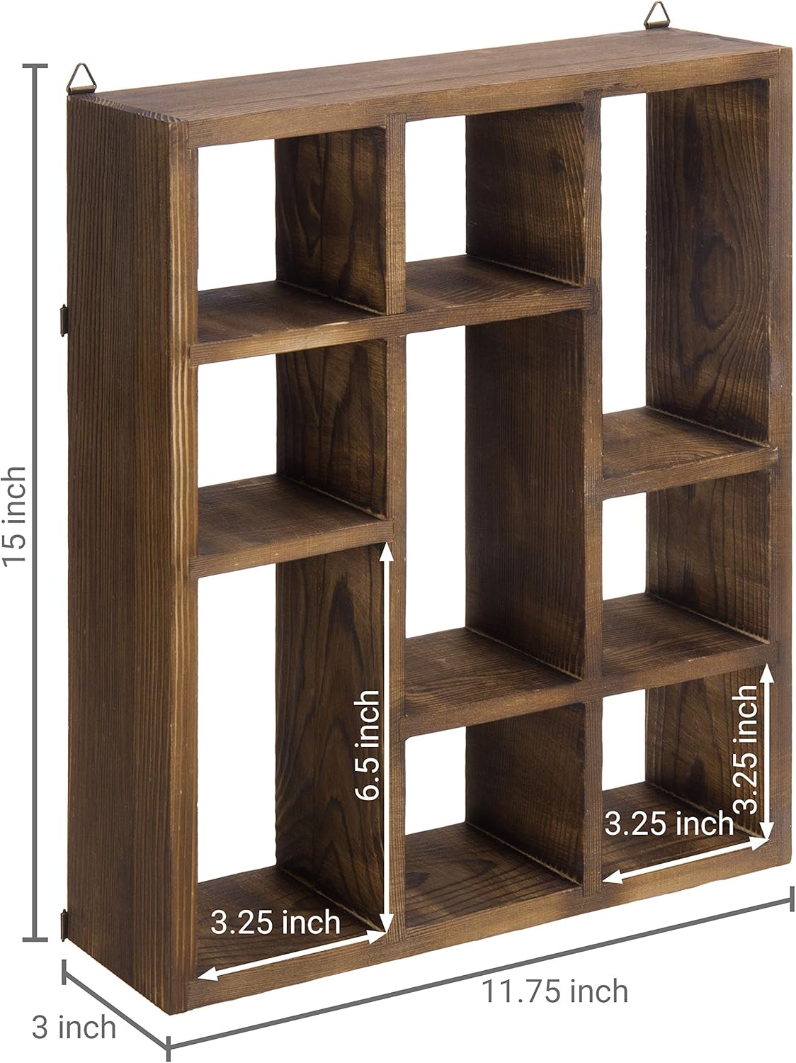 MyGift 9 Compartment Vintage Solid Wood Shadow Box, Wall Mountable Curio Display Case, Freestanding or Floating Shelf for Collectible Figurines, Succulents (Torched)