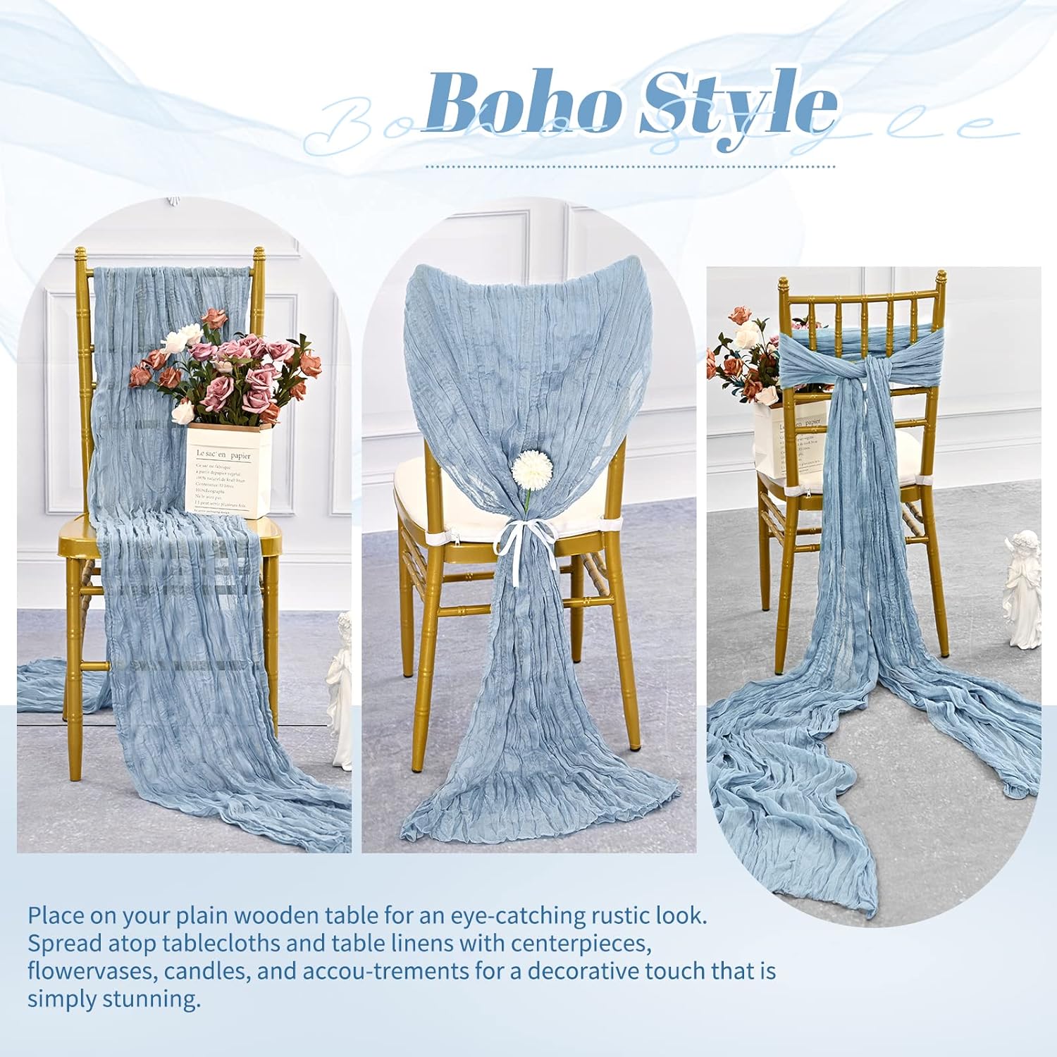 10 Pack Dusty Blue Cheesecloth Table Runner, 10FT Long Semi-Sheer Boho Rustic Guzae Table Runner for Wedding , Party ,Bridal Shower Decor(35×120 Inch)