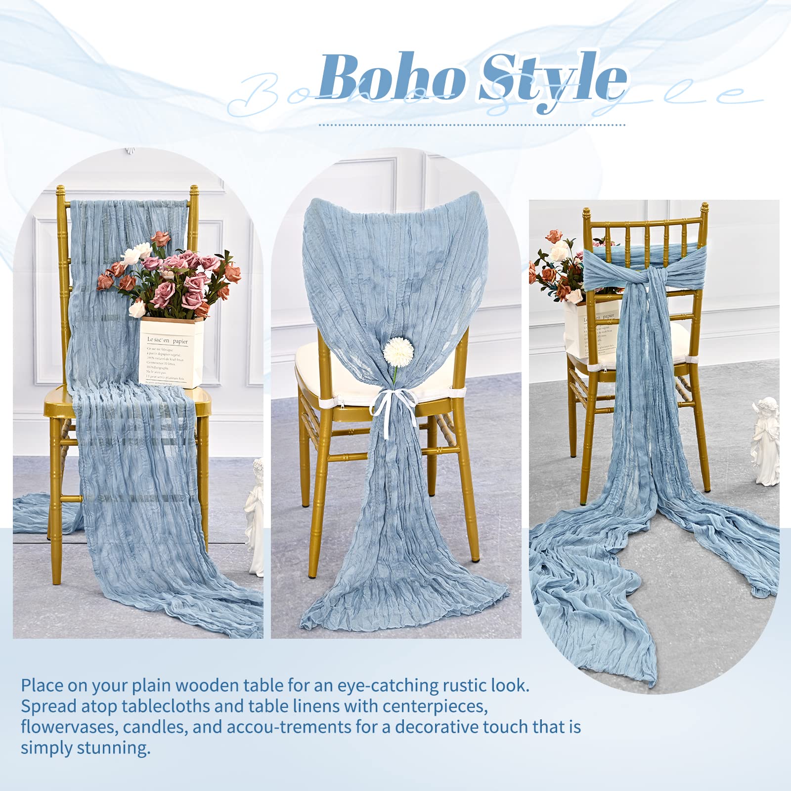 Paquete de 10 caminos de mesa de gasa azul polvoriento, camino de mesa de gasa de 10 pies, camino de mesa semitransparente para recepción de boda, decoración bohemia rústica para fiesta de boda