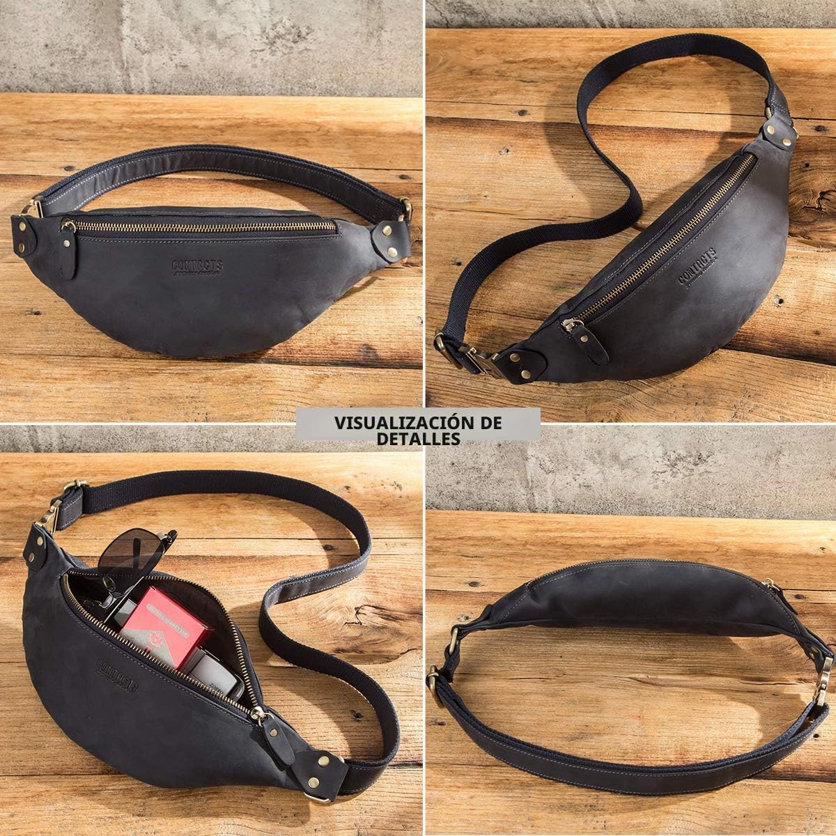 Riñonera de Cuero Genuino para Hombre, Riñonera multifunción con Cremallera, Azul Oscuro, Einheitsgröße, Maleta