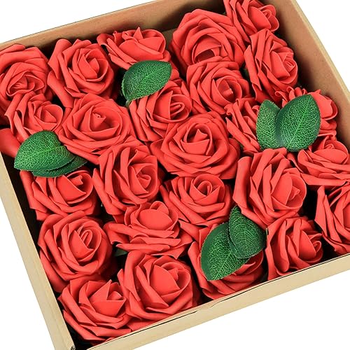Greenco Juego de 25 rosas artificiales en tallo de aspecto realista en caja de regalo para bodas, fiestas, arreglos florales, centros de mesa y