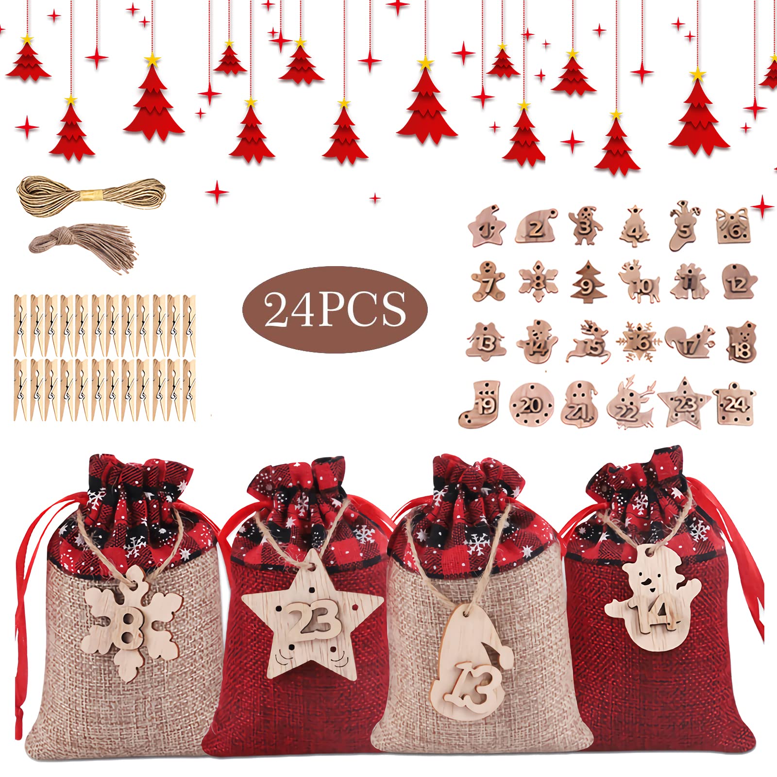 Adventskalender Zum Befüllen - 24 Jute Säckchen Mit Aufklebern
