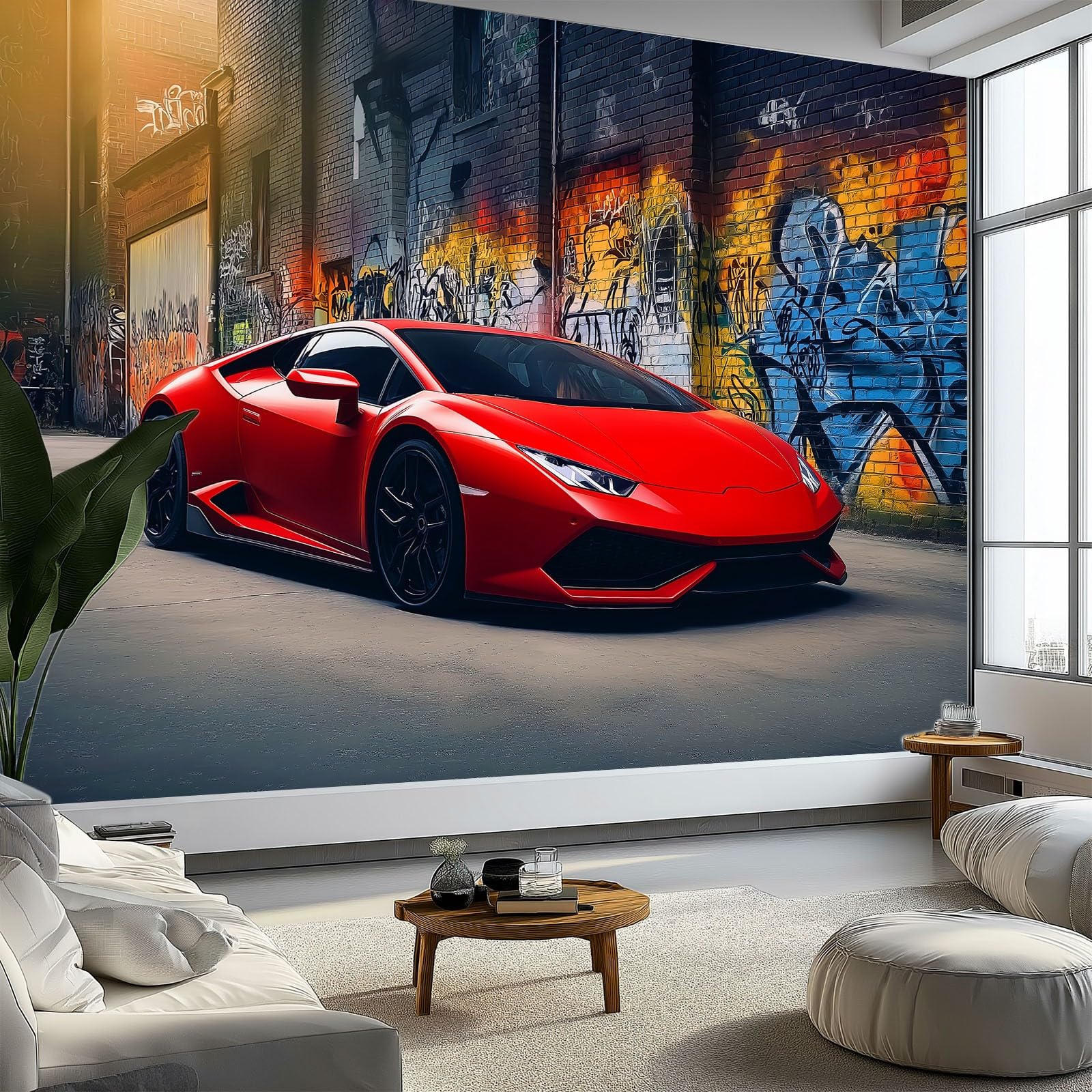 Photography Graffiti Wall Sports Car Non-Woven Wallpaper 400 x 280 cm Bedroom Wall Mural, Red Photo Wallpaper Poster Wall Covering for Children’s Room Home Restaurant Living Room Hallway