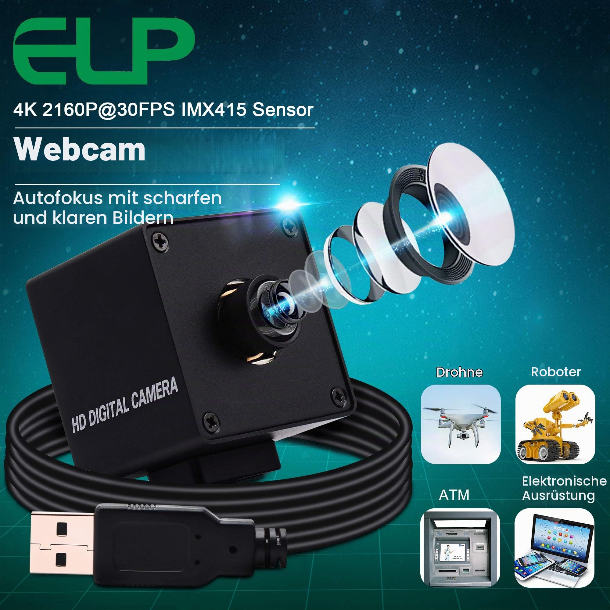 ELP 4K Hochauflösende Webcam Ultra HD Autofocus USB Kamera mit No-Distortion Objektiv,IMX415 Sensor Web Kamera Support 3840x2160@ 30fps,UVC Compliant Web Kameras Support Most OS (USB4K02AF-KL100)
