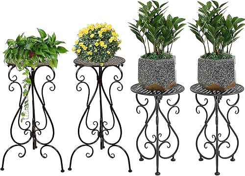 Soporte de metal para plantas de 17 y 23 pulgadas de alto (ambos paquetes de 2) (negro y marrón)