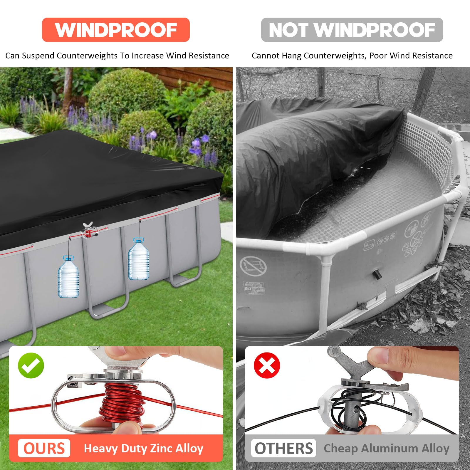 Cubre Piscina Rectangular 420D 305x205 para 300x200cm con Ojales | Negro, 420D Oxford, con Ojales Reforzados, Impermeable, Anti-UV y Resistente al Desgarro, para INTEX y BESTWAY