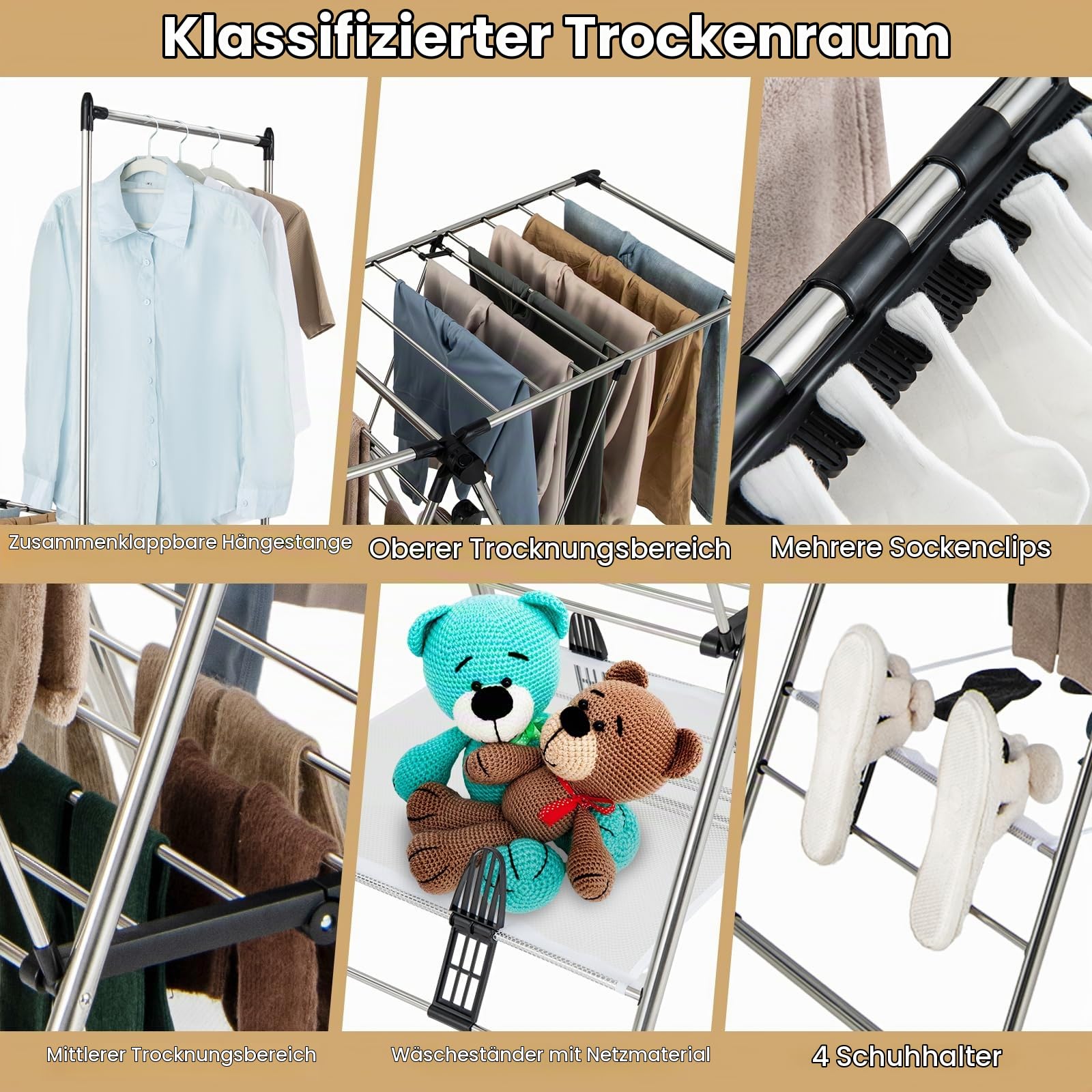 GIANTEX 2-lagiges Aluminium-Wäscheständer, Faltbarer Wäscheständer mit 2 höhenverstellbaren Flügeln, 23 Trocknungsschienen, 28 Sockenclips und 4 Schuhhalter, Keine Montage erforderlich