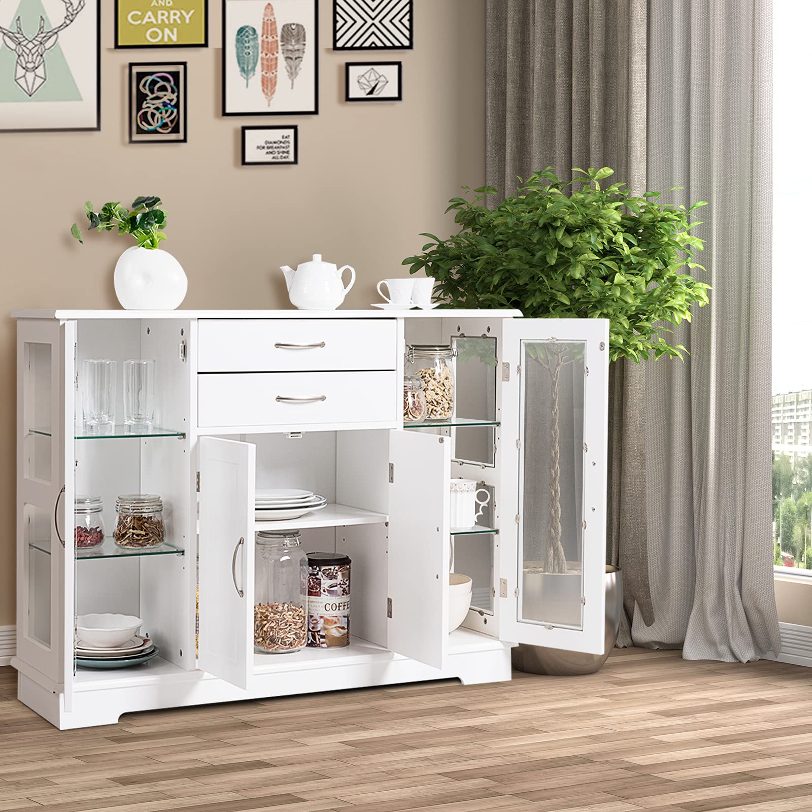 GYMAX Credenza per Cucina, Mobile di Stoccaggio per Cucina con Porte e Ripiani, 2 Vetrine in Vetro per Sala da Pranzo, Corridoio, Ufficio 107 x 30 x 82 cm