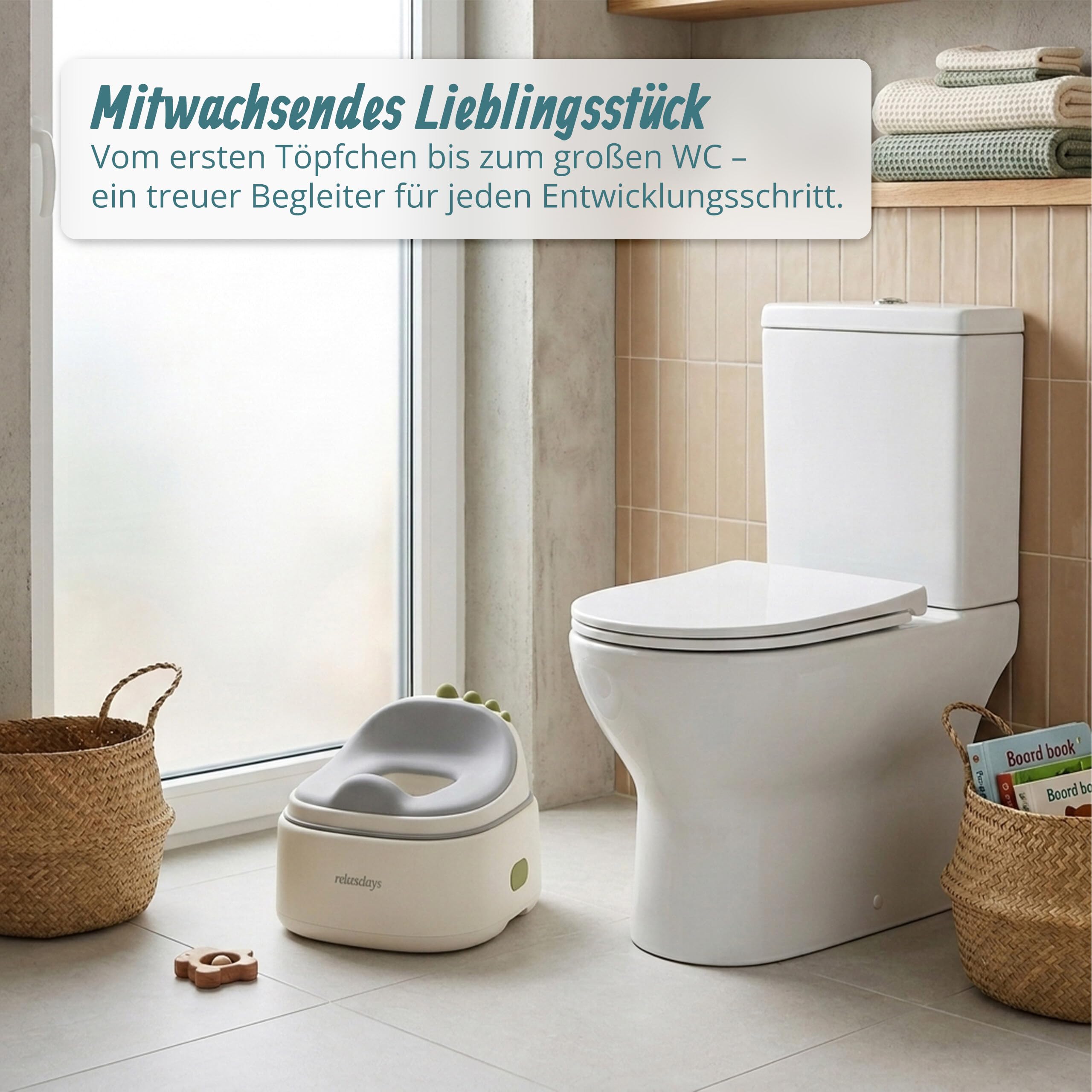 Relaxdays Töpfchen 4-in-1, Dino, Kindertoilette Deckel, HBT: 30x36,5x33,5 cm, WC-Trainer, Aufsatz & Hocker, Reise, blau