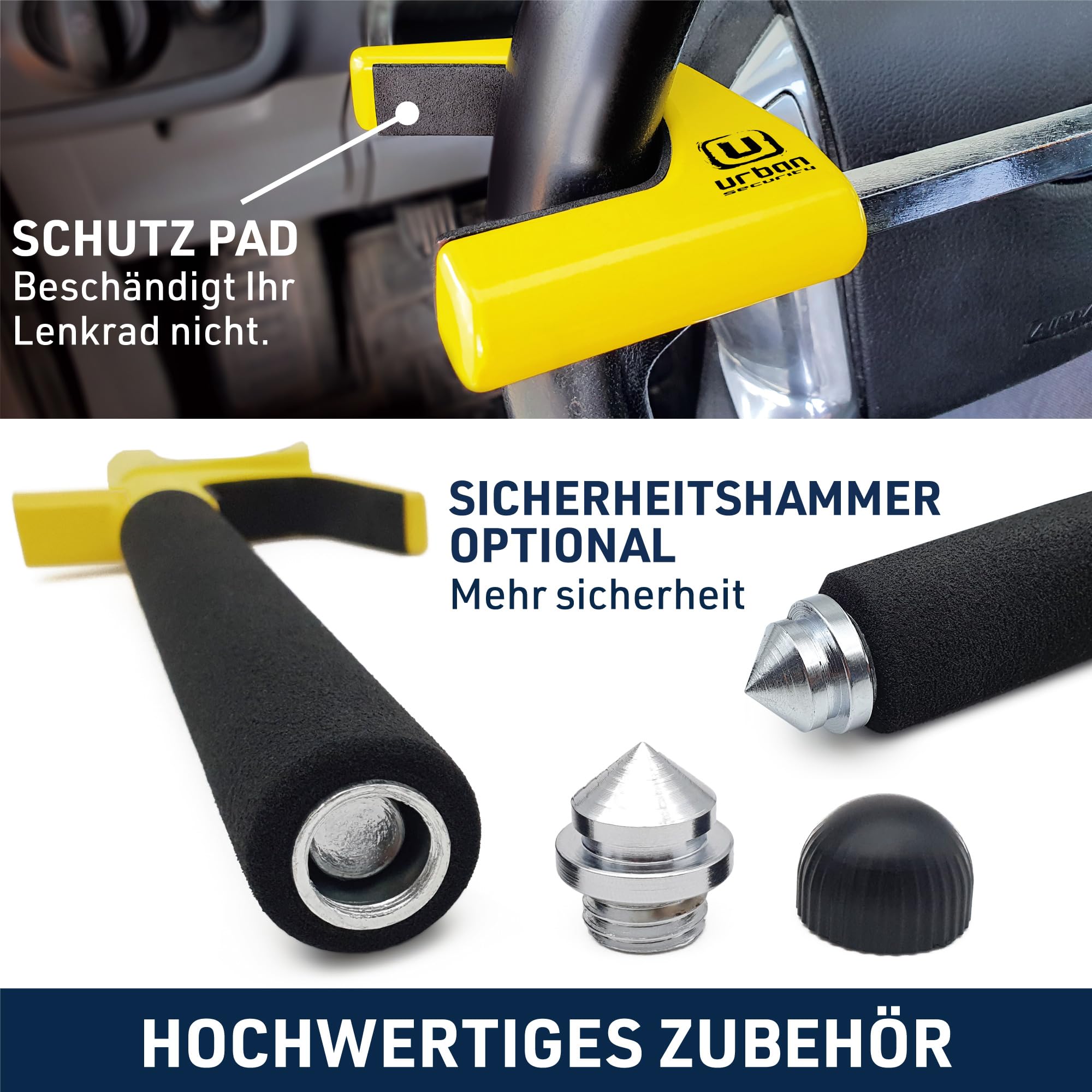 URBAN UR959Y Lenkradkralle Hochsicherheits Lenkradschloss Abschreckend Gelb, Lenkradsperre Automatik-Verriegelung, Diebstahlsicherung Universal für Auto Wohnmobil PKW