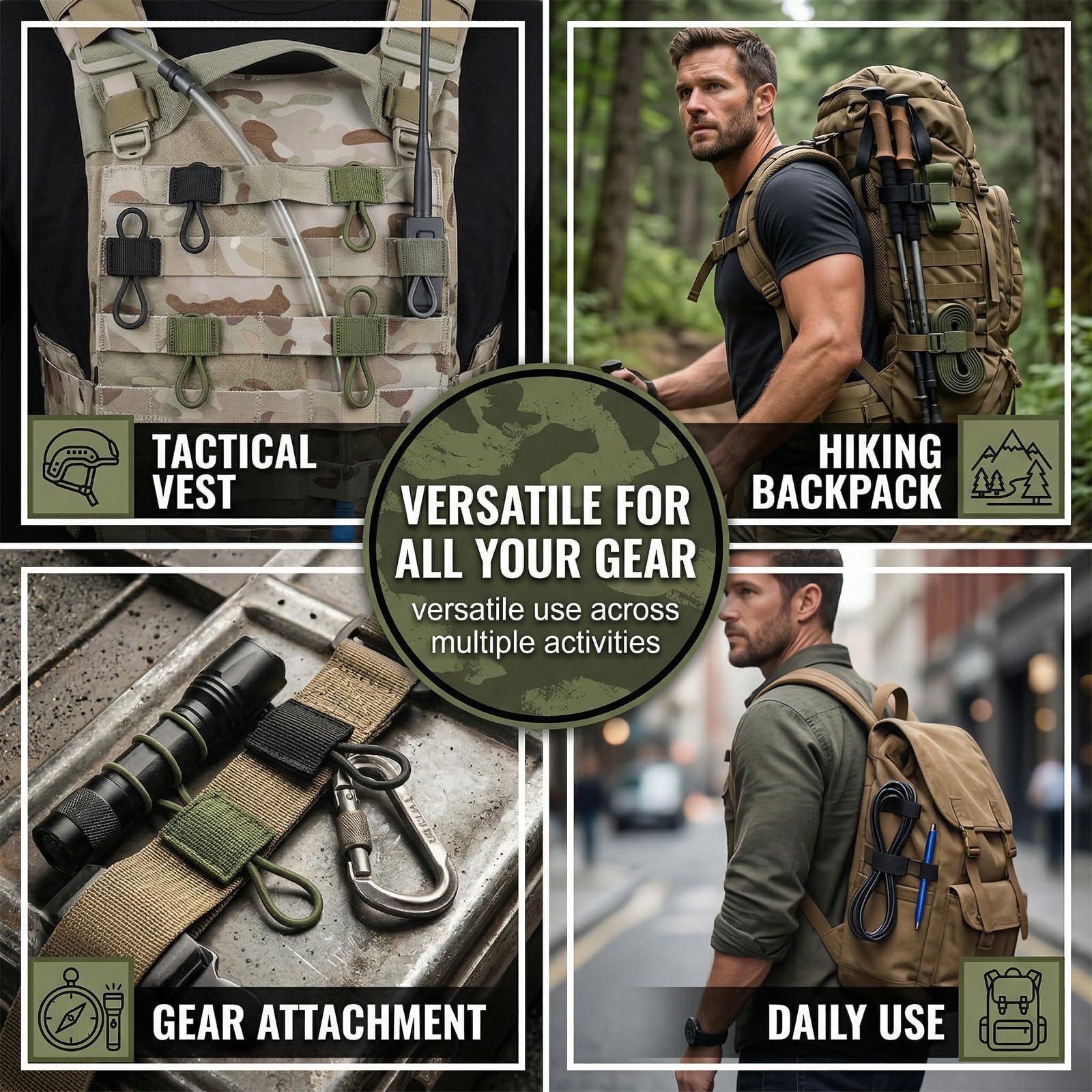 Lot de 12 Attaches Molle Tactiques, Boucle Élastique de Fixation pour Sac à Dos et Gilet de Randonnée, Accessoire Système de Gestion de Sangles pour Extérieur (6 Noir & 6 Vert Armée)