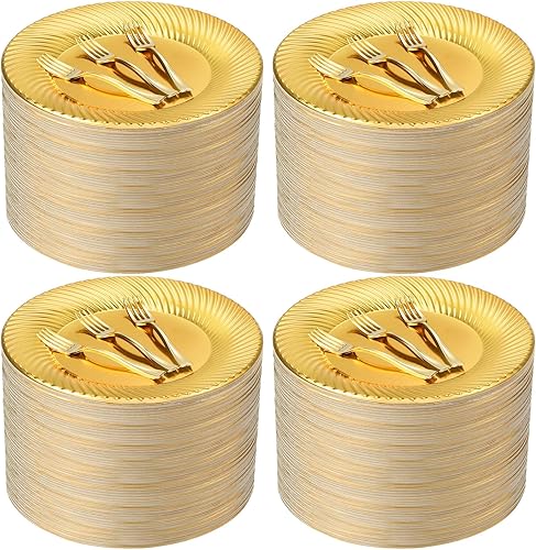 Tioncy Juego de 200 platos de postre de plástico dorado con mini tenedores para 100 invitados, incluye 100 platos desechables de 7 pulgadas, 100