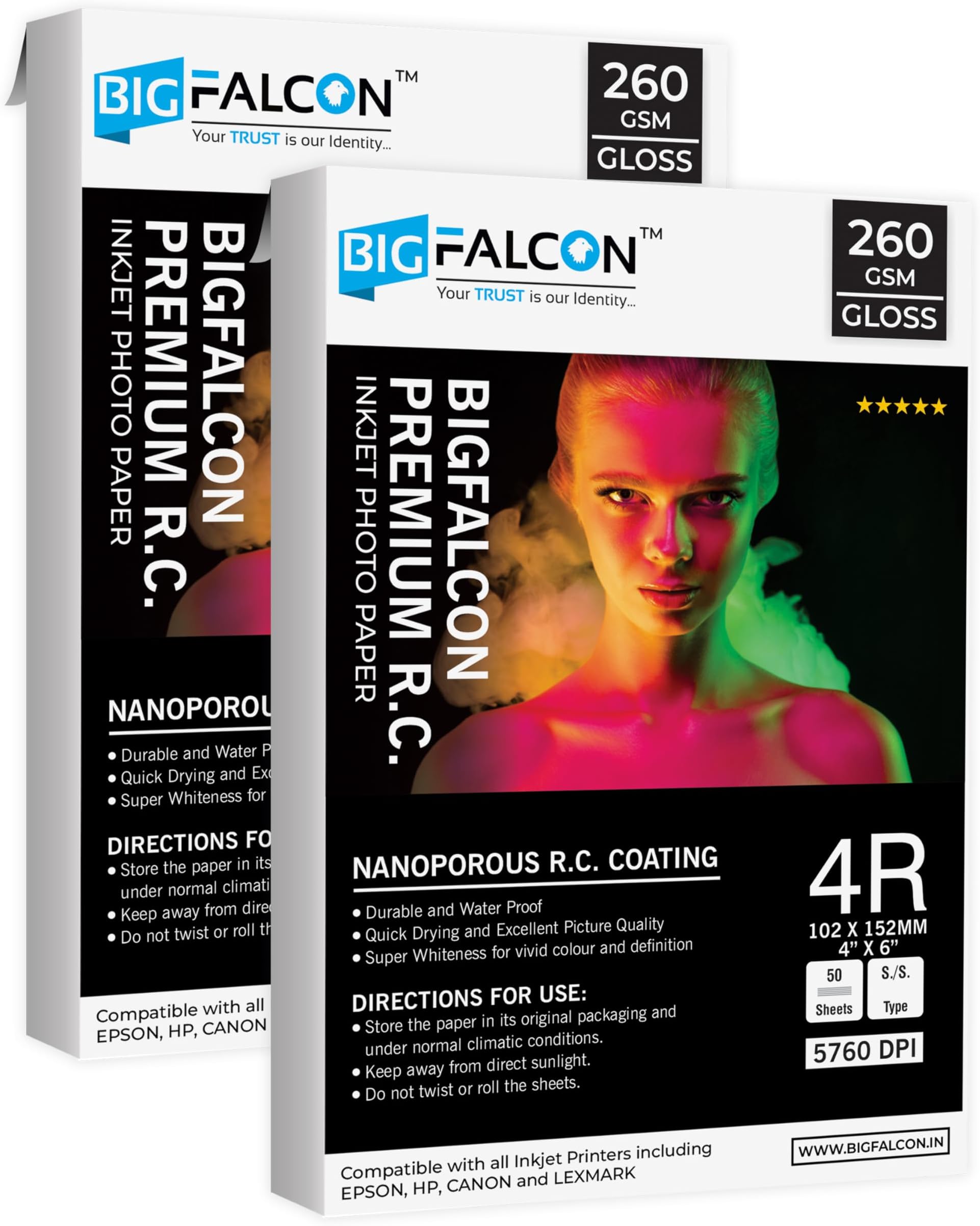 BIGFALCON Premium Ultra Glossy Photo Paper 260 GSM 4R Size (4X6 inch) RC Resin Coated Water proof Inkjet Photo Paper 100 Sheets for all Inkjet Printer