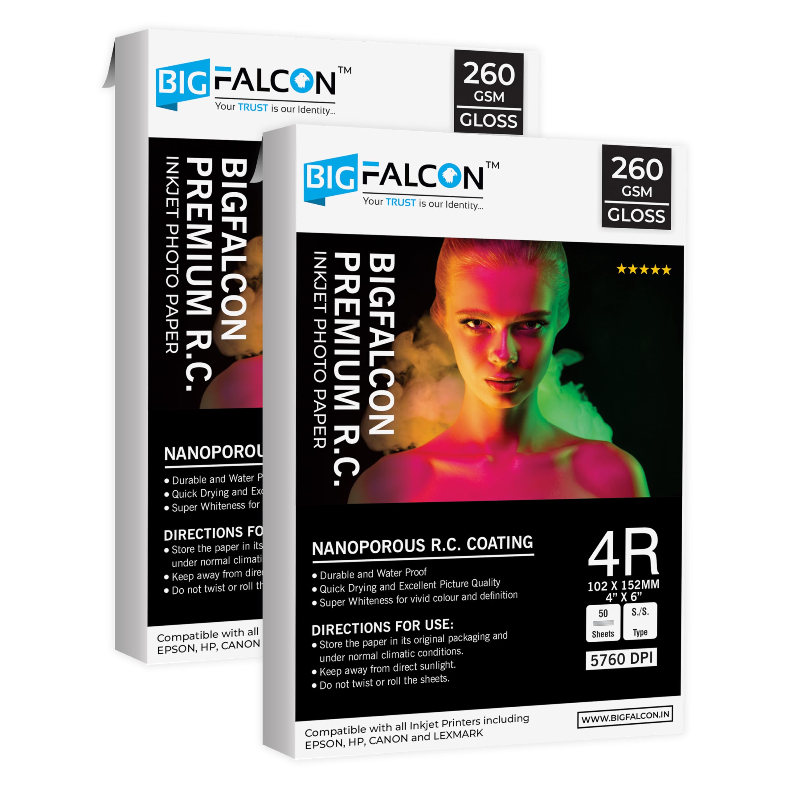 BIGFALCON Premium Ultra Glossy Photo Paper 260 GSM 4R Size (4X6 inch) RC Resin Coated Water proof Inkjet Photo Paper 100 Sheets for all Inkjet Printer