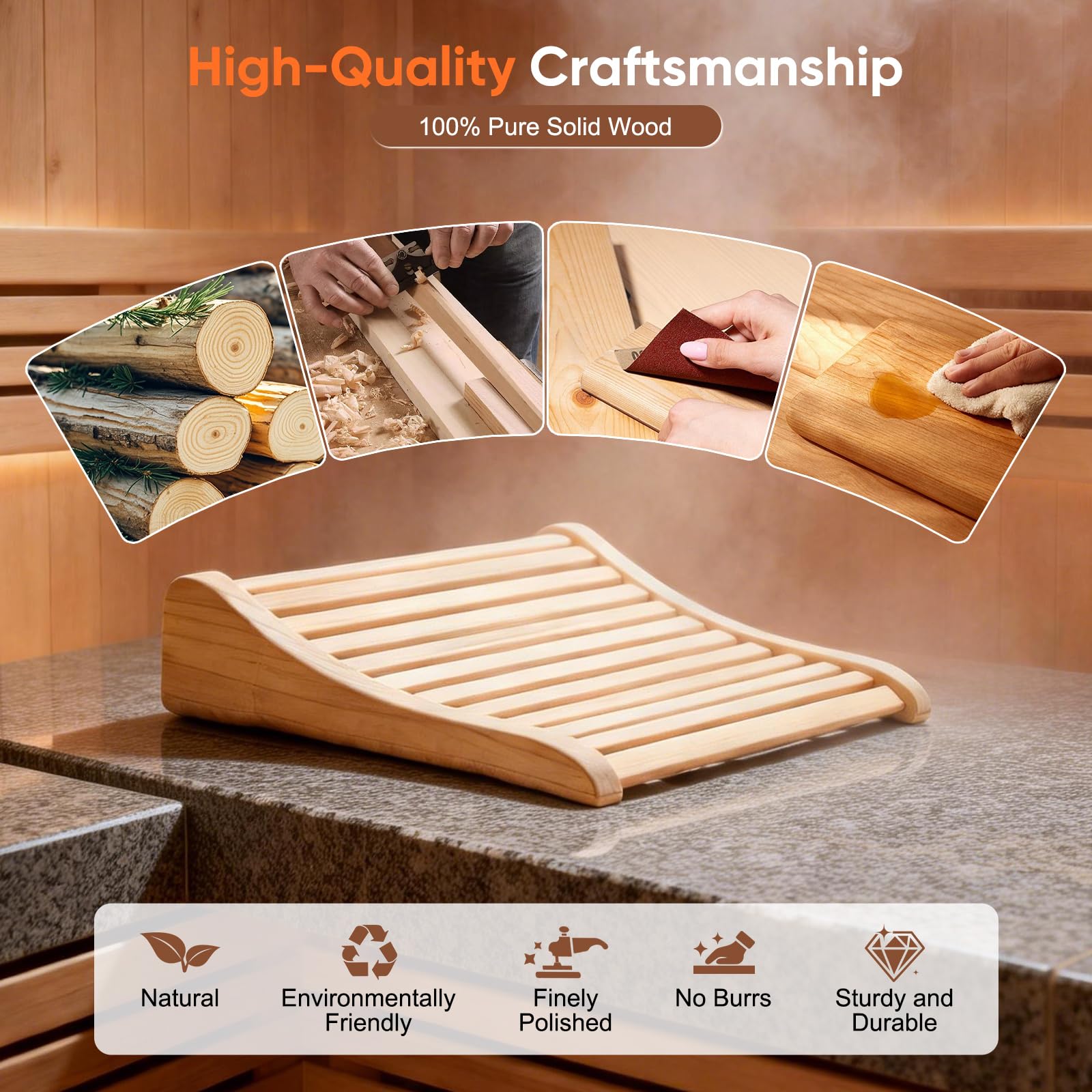 Sauna Kopfstütze aus Abachiholz 2 Stück, Ergonomische Sauna Rückenlehne & Nackenstütze mit Luftzirkulation und Rutschfester Basis, Für Sauna Infrarotkabine Dampfbad, 37 x 33 x 10 cm