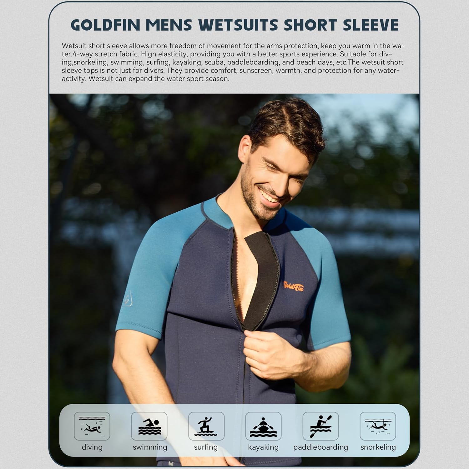 GoldFin Men Wetsuit Top, Mens Short Sleeve Wet Suit Neoprene Jacket 2mm Front Zipper Wetsuits Shirt Cold Water Swim Scuba Diving Surfing Snorkeling - Image 4