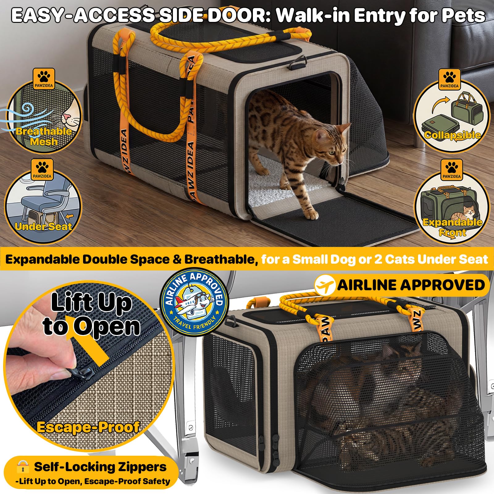PAWZIDEA Expandable Pet Carrier, 18×11×11 TSA Airline Approved Small Dog Carrier up 18 lbs, Top-Load Cat Carrier for 2 Cats Under Seat, Collapsible Soft-Sided Puppy Travel Bag, Seatbelt Loops, ID Card - image 3