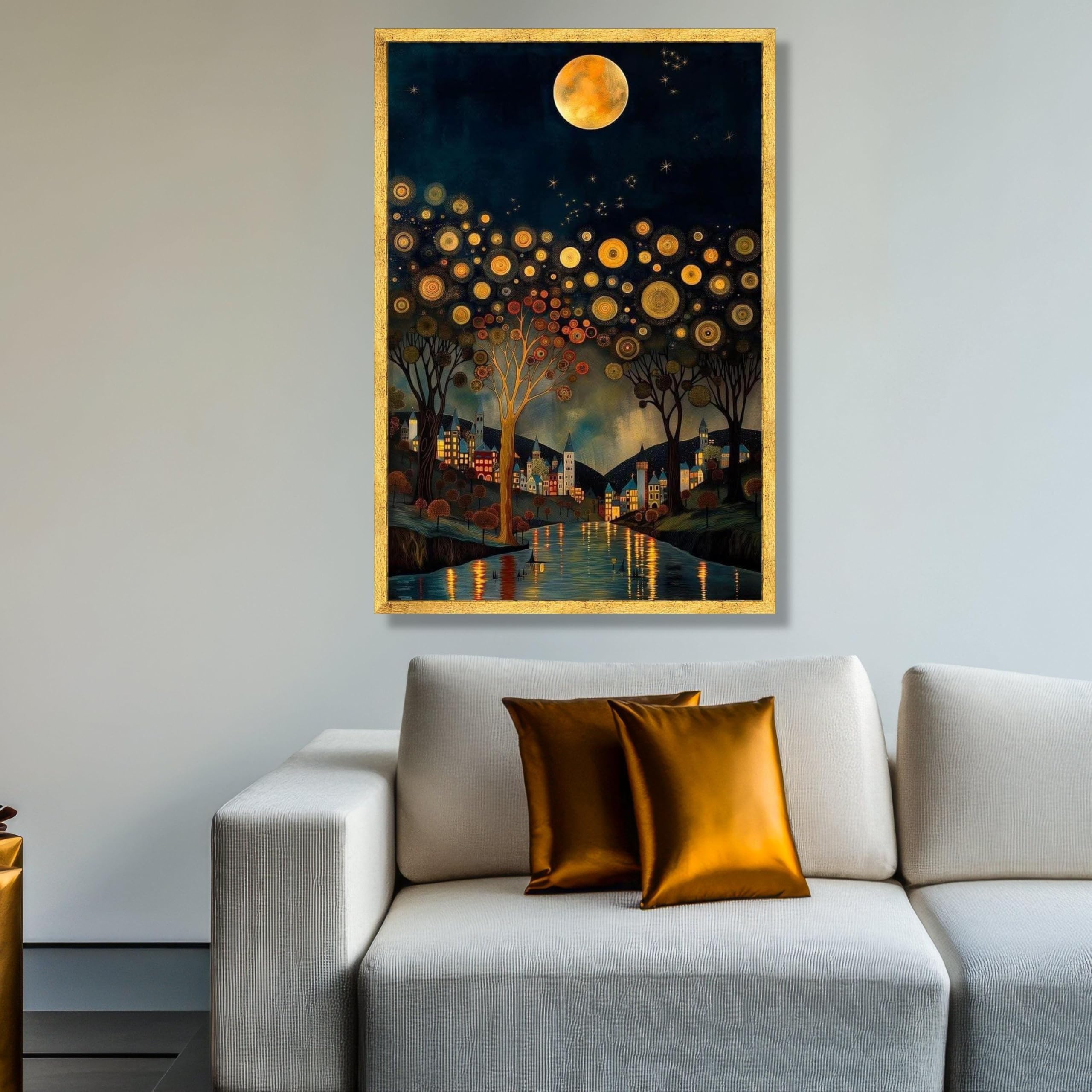 XINBAO Nocne niebo w stylu vintage, oświecony księżyc scena wioska artystyczna sylwetka drzewa odbicie rzeki obrazy dekoracyjne na ścianę (80 x 110 cm / wewnętrzna rama)