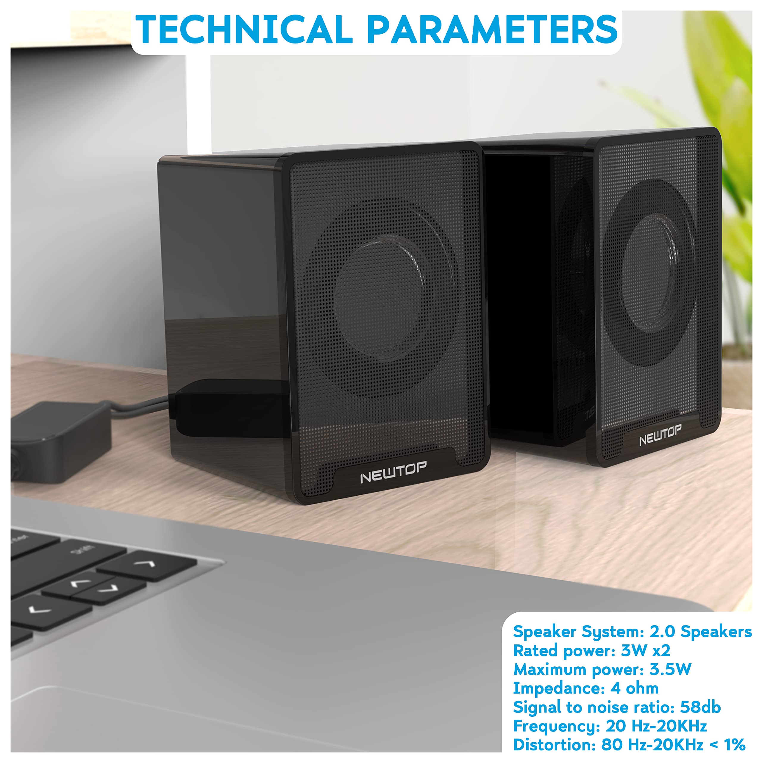 N NEWTOP Mini Casse PCS01 Stereo 2.0 Speaker Set Altoparlanti Alimentazione USB Ingresso Connettore Audio Jack 3.5mm Portatile Suono 360° per PC Fisso Desktop Laptop Notebook TV (Nere)