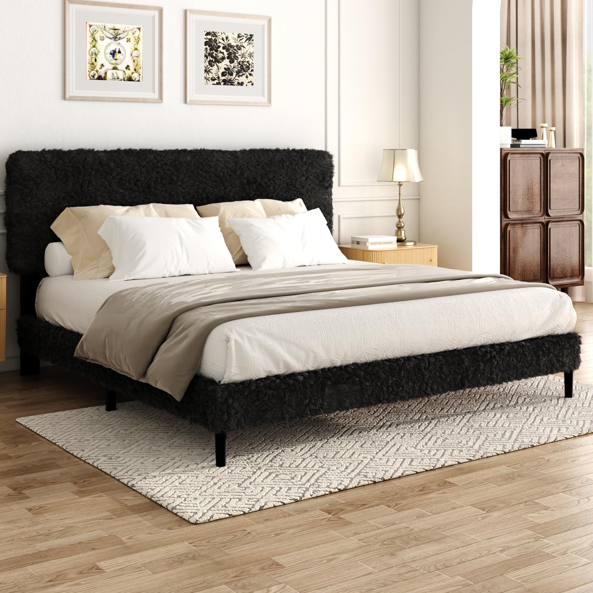 Photo 1 of HAOARA Queen Size Flannel Platform Bed Frame with Adjustable Headboard, Anti-Collision Soft Rounded Corners, No Box Spring Needed, Easy Assembly, Noise-Free, Charcoal Gray
