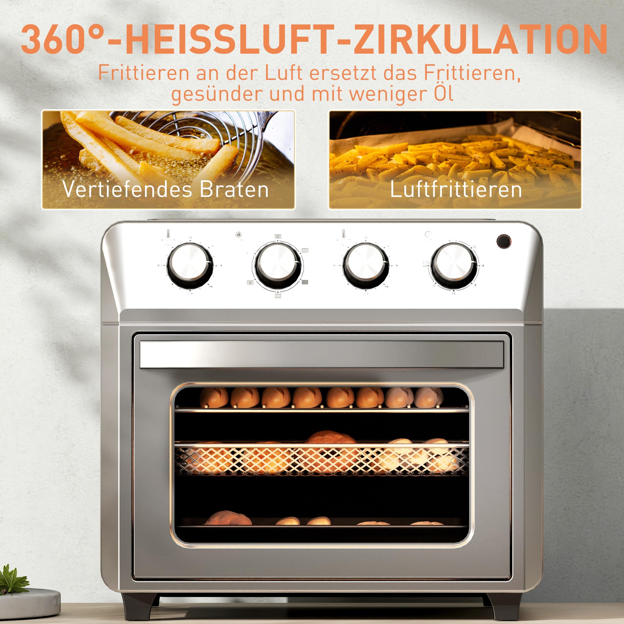 HOMCOM Mini Backofen mit Umluft Minibackofen 24 L 1600W 90-230℃ Silber | 60 Min. Timer, Heißluftfritteuse inkl. Backblech Grillrost, Heißluftofen, Innenbeleuchtung