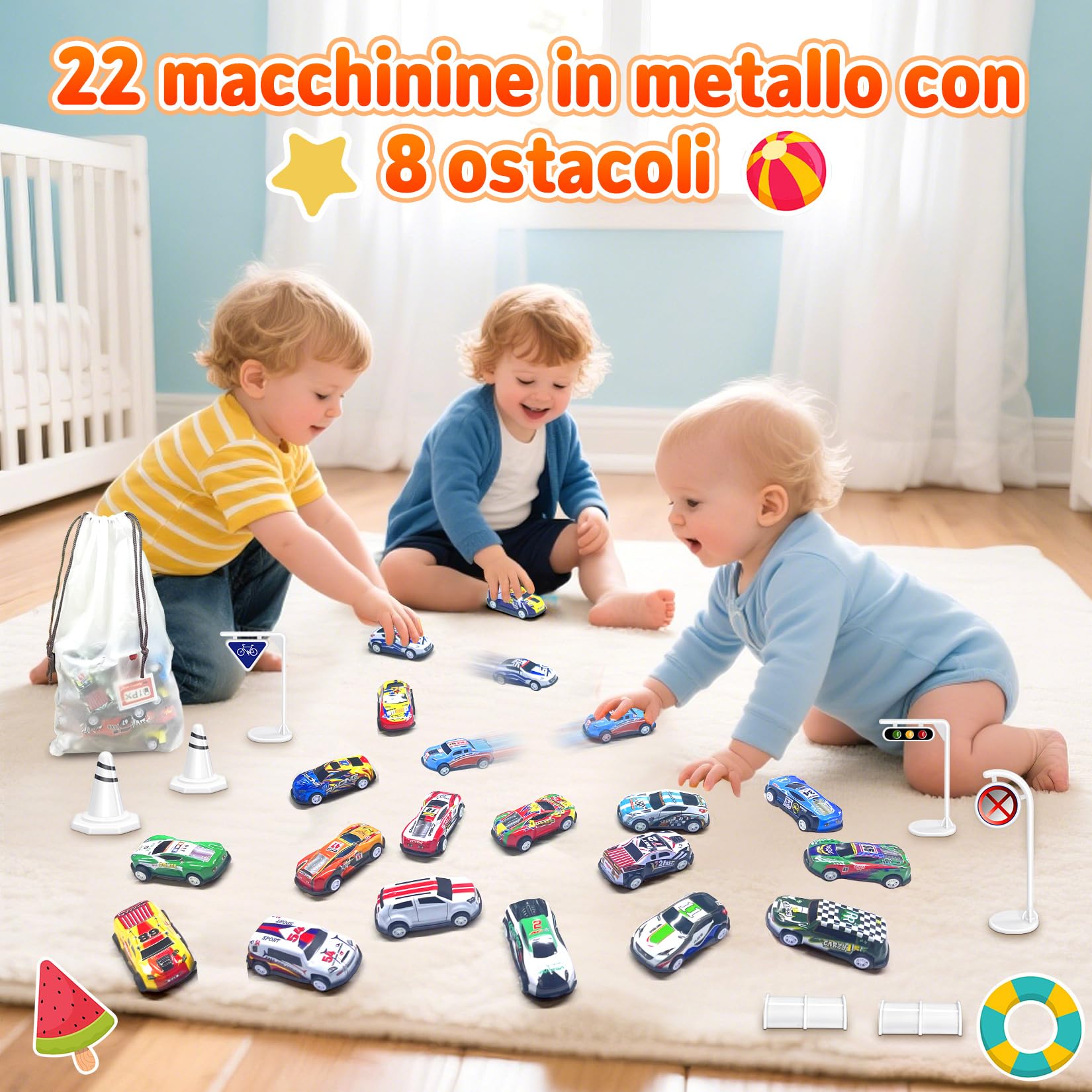 Macchinine Per Bambini, Cars Giocattoli, Giochi Bimbo con 22 Mini Macchine Giocattolo e 8 Blocchi Stradali, Veicolo Metallo Die Cast 1:64, Set Macchinina Bambina, Gioco Bambino 3 4 5 6 7 8 Anni