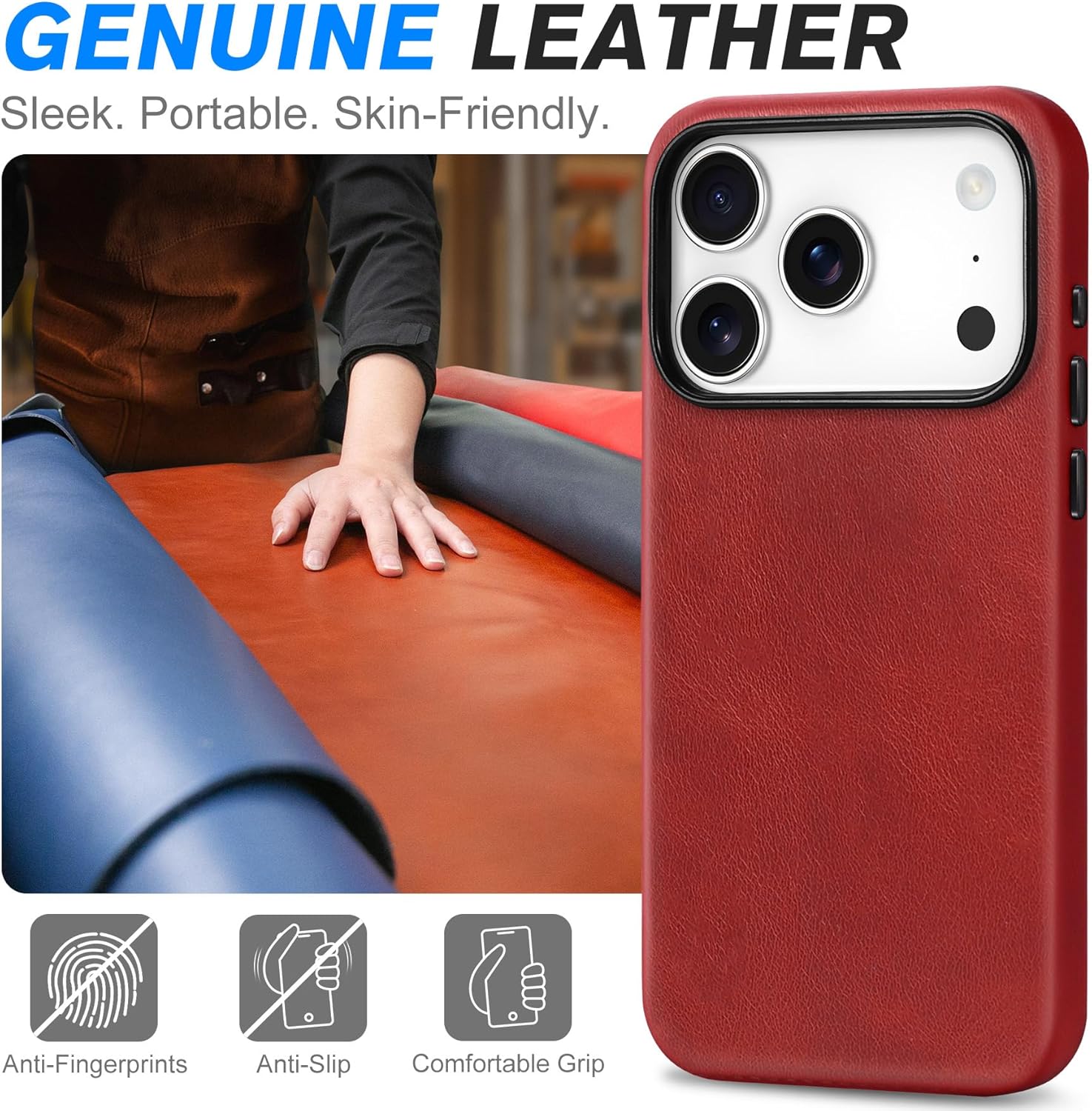 SHIELDON Genuine Leather Case for iPhone 17 Pro 6.3 Inch 2025 | [Updated Camera Button] | Magnetic Wireless Charging, Slim Fit, Non-Slip, Protective Phone Cover with Metal Buttons - Retro Red - Image 3