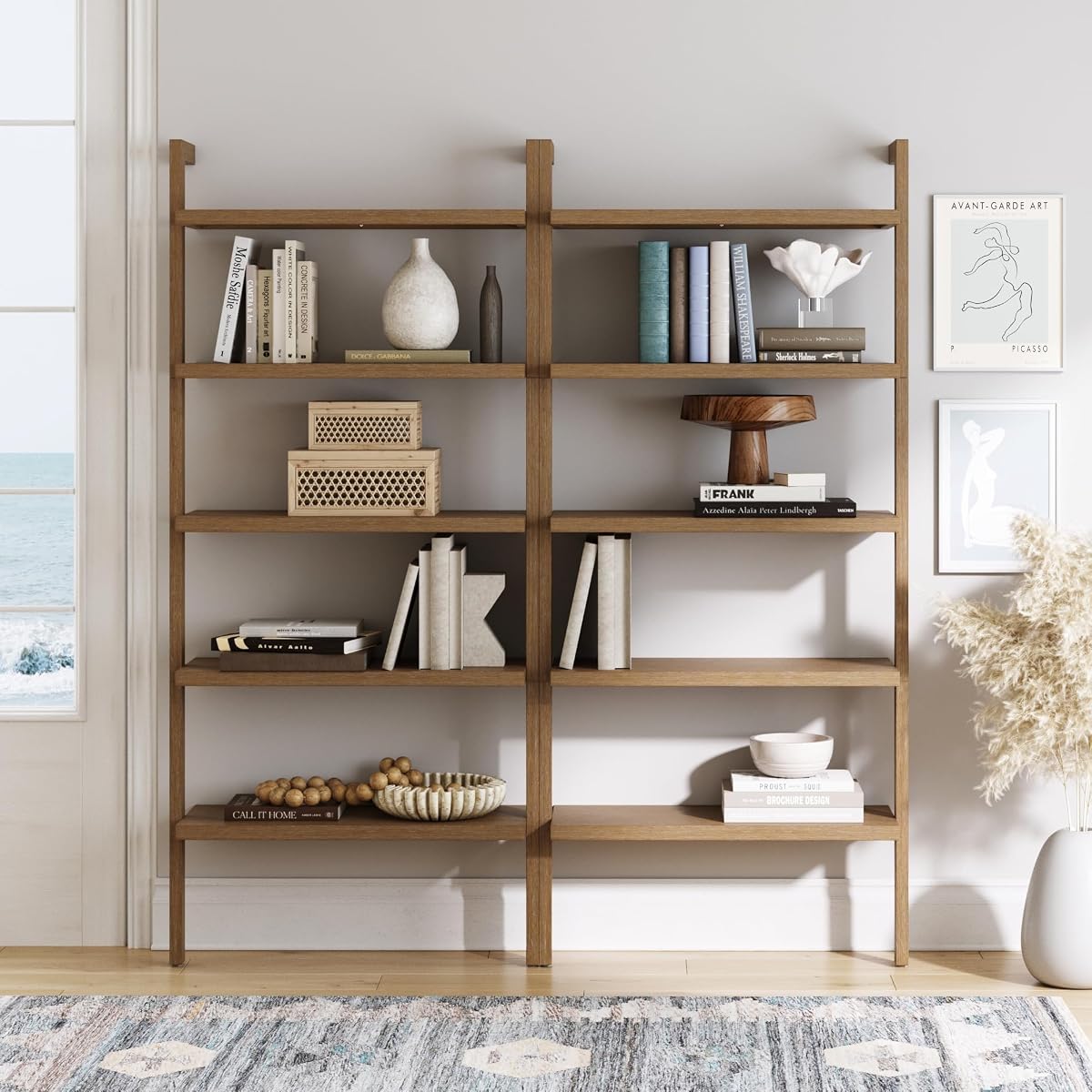 Nathan James Beacon 5 Tier Bookshelf, Wall Mounted Bookcase, Solid Wood Bookshelf in Wire Brushed Finish, Boho Rustic Bookcase, Set of 2