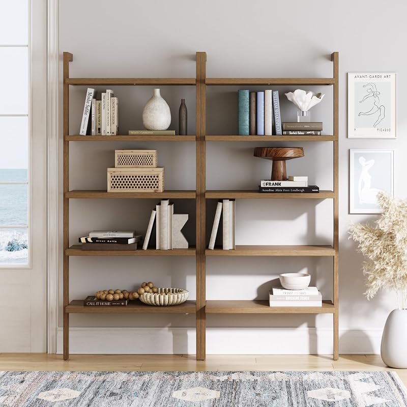 Nathan James Beacon 5 Tier Bookshelf, Wall Mounted Bookcase, Solid Wood Bookshelf in Wire Brushed Finish, Boho Rustic Bookcase, Set of 2